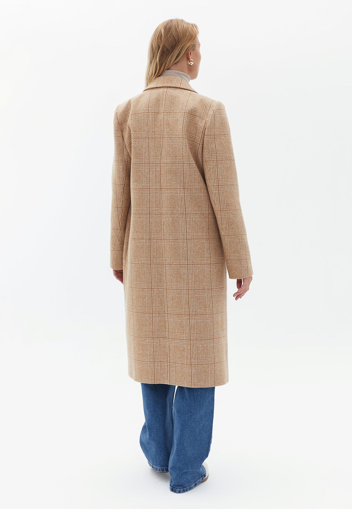 Long Sleeve Buttoned Jacket With Pockets - LIGHT ARGAN OIL CHECK