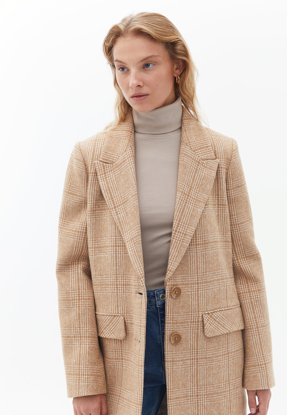 Long Sleeve Buttoned Jacket With Pockets - LIGHT ARGAN OIL CHECK