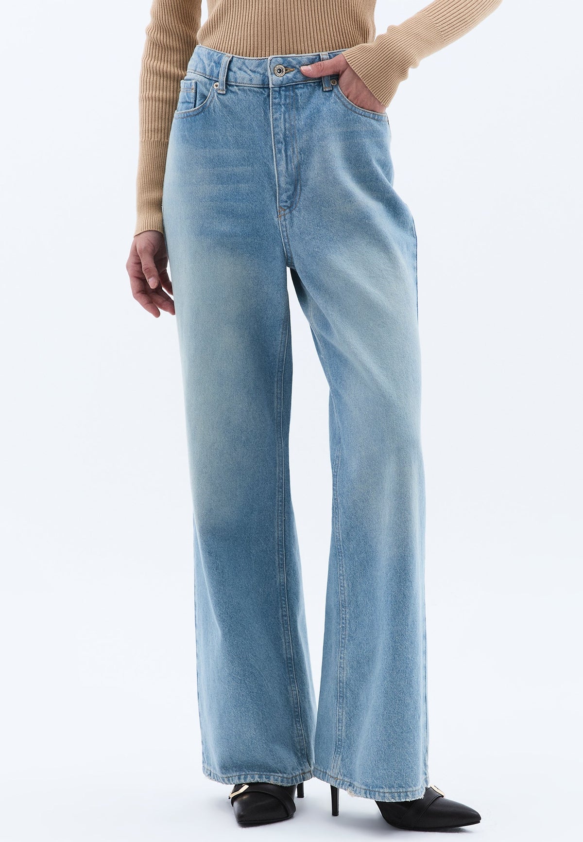 High Waist Wide Leg Denim Pants - LIGHT BLUE DENIM