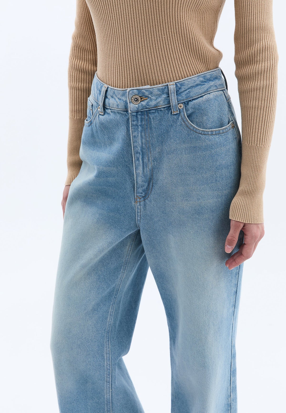 High Waist Wide Leg Denim Pants - LIGHT BLUE DENIM