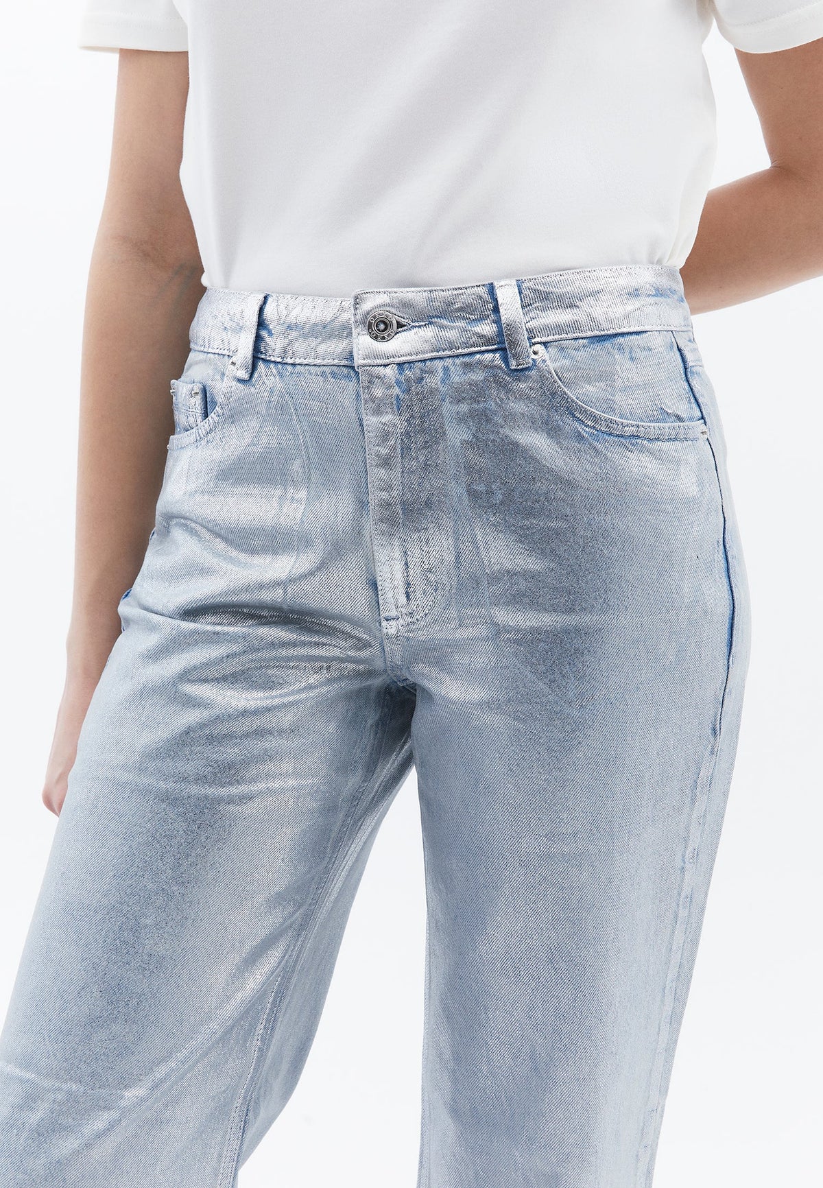 Shiny And Long Wide Leg Pants - LIGHT BLUE PRINTED DENIM