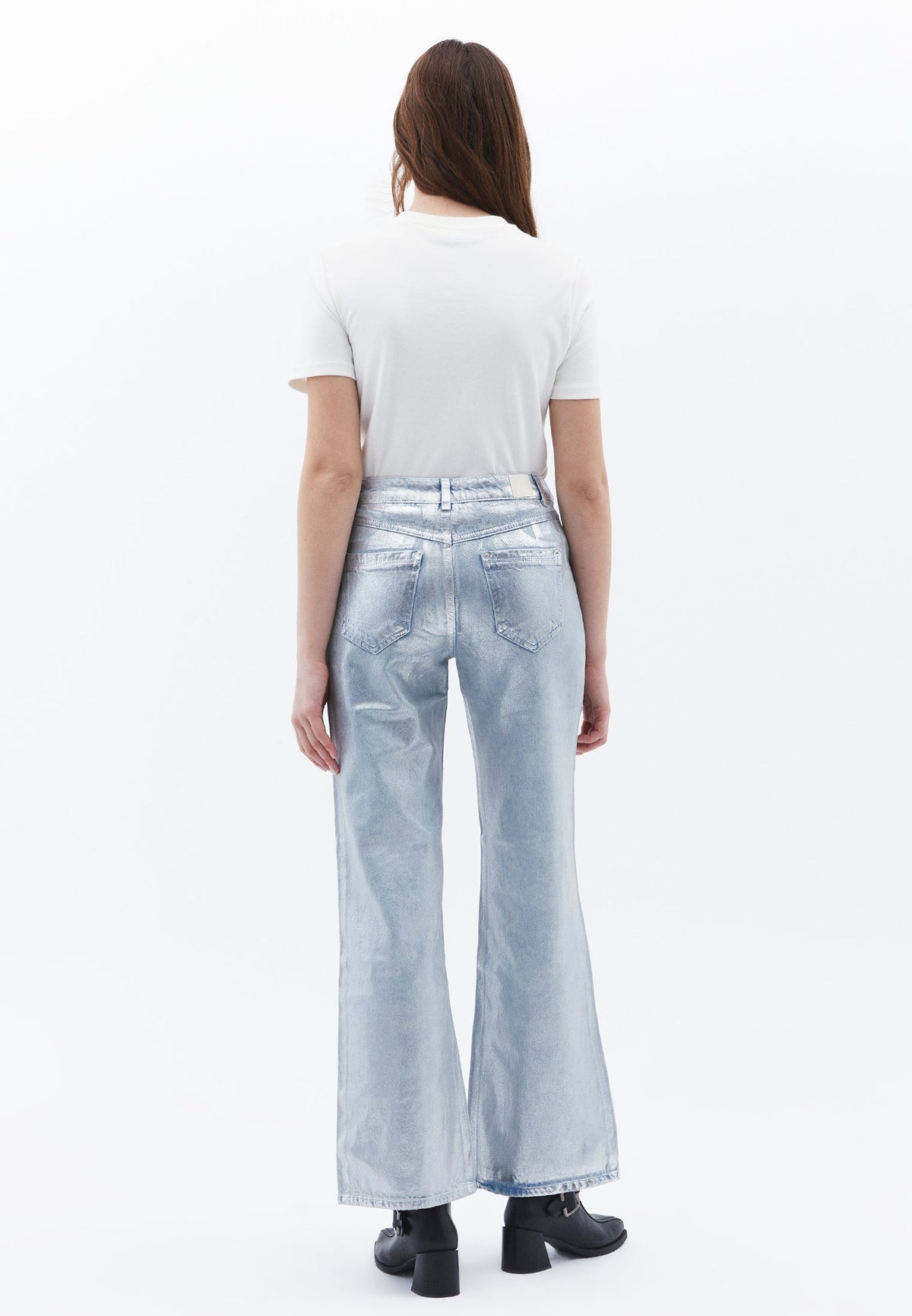 Shiny And Long Wide Leg Pants - LIGHT BLUE PRINTED DENIM