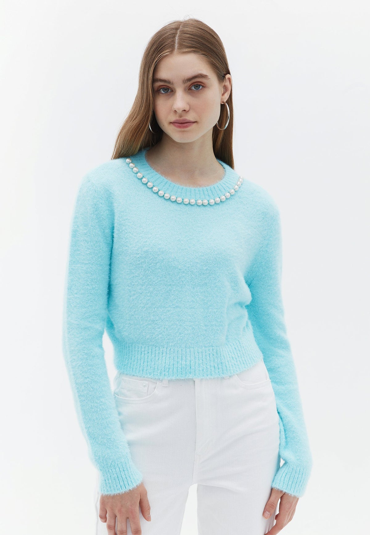 Crew Neck Beaded Raglan Sleeve Cropped Sweater - LIMPET SHELL