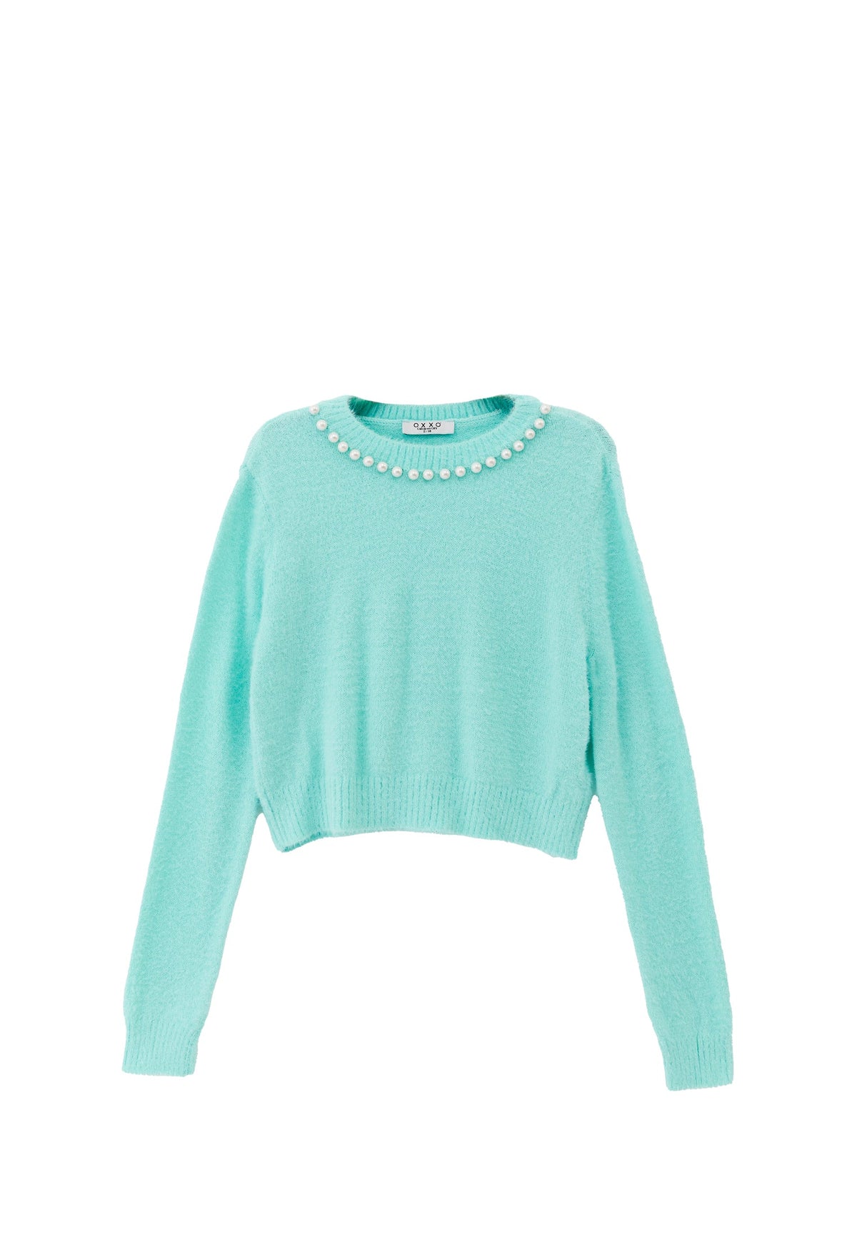 Crew Neck Beaded Raglan Sleeve Cropped Sweater - LIMPET SHELL