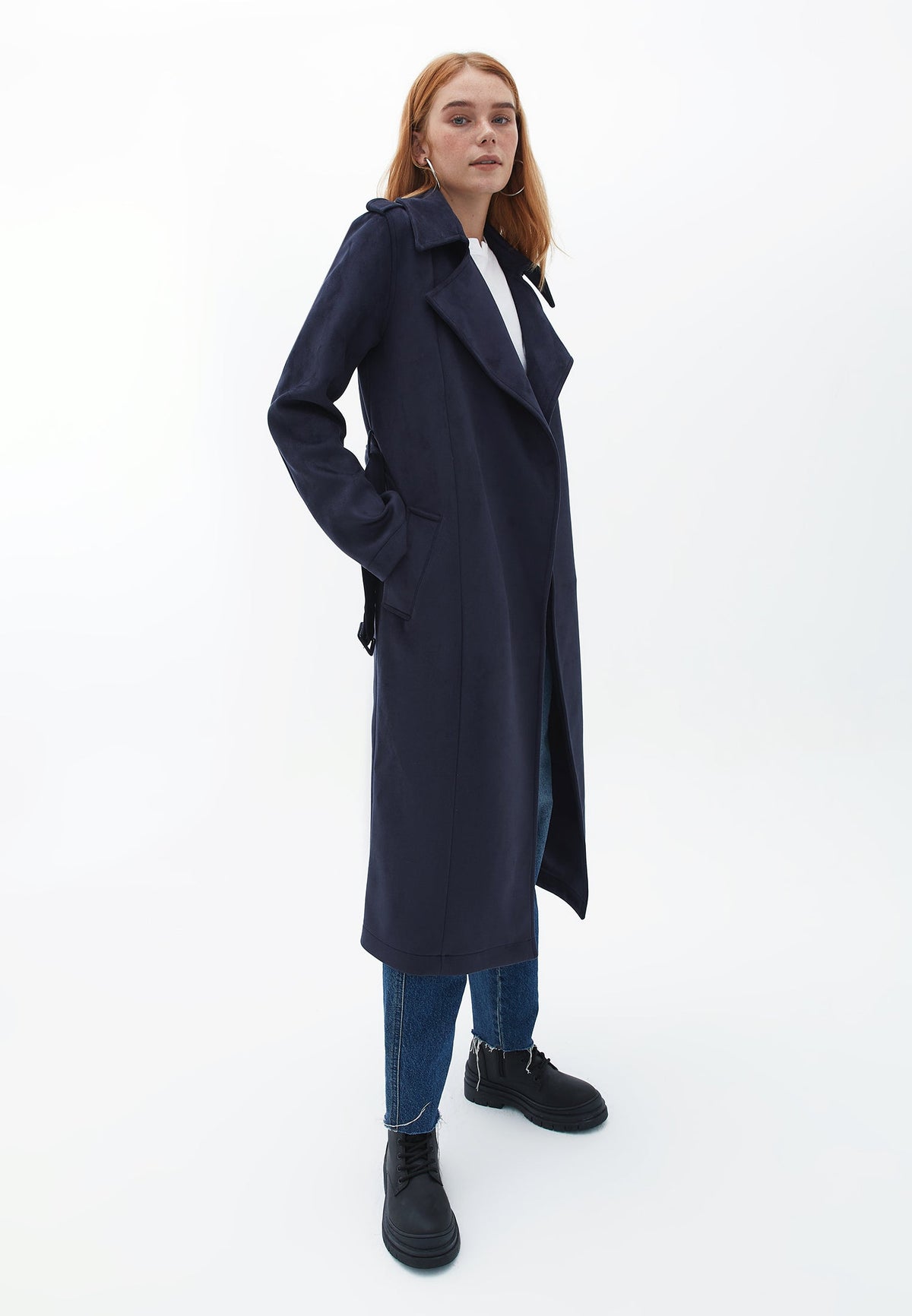 Long Leather Jacket With Belt Detail - MARITIME BLUE