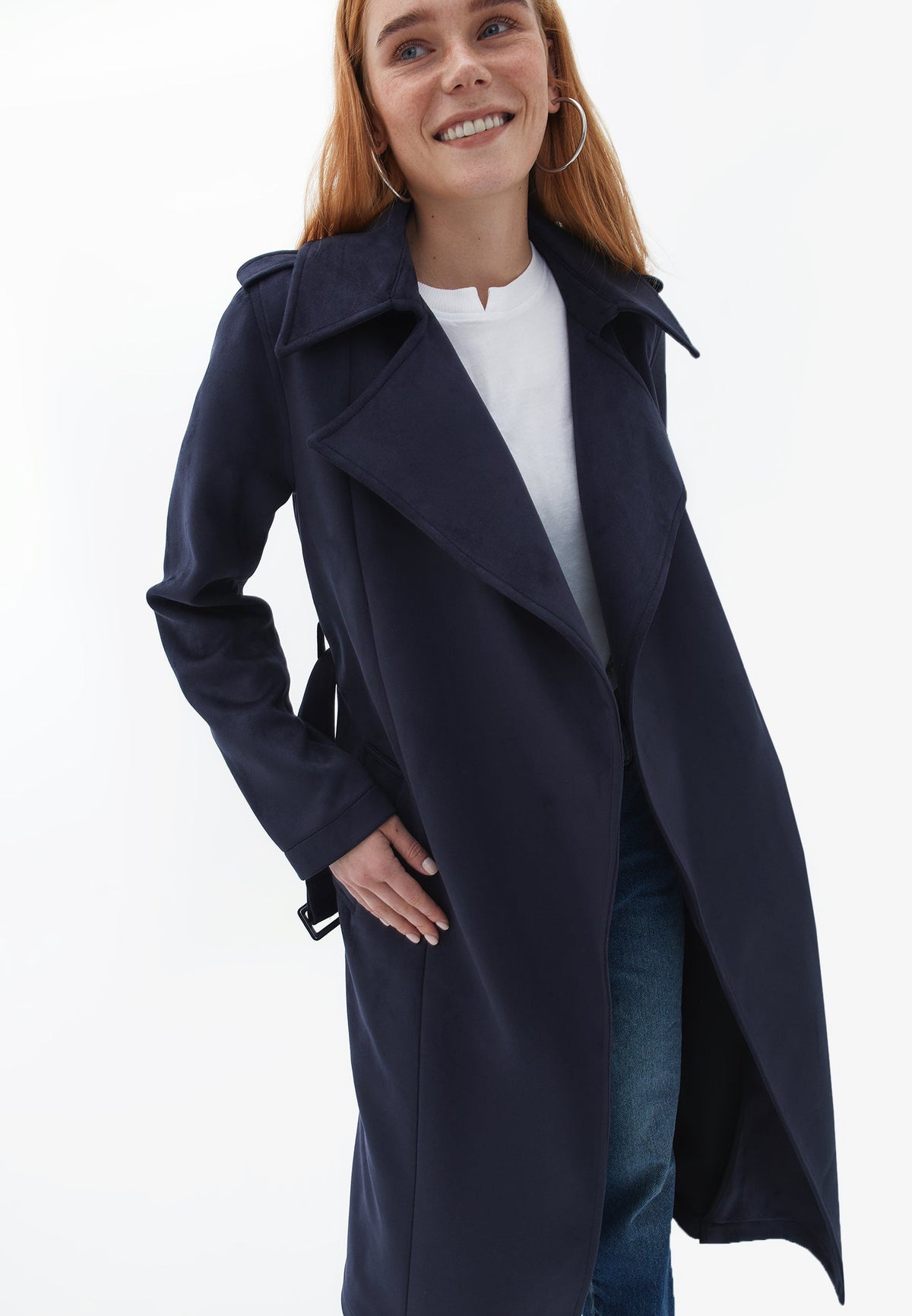 Long Leather Jacket With Belt Detail - MARITIME BLUE