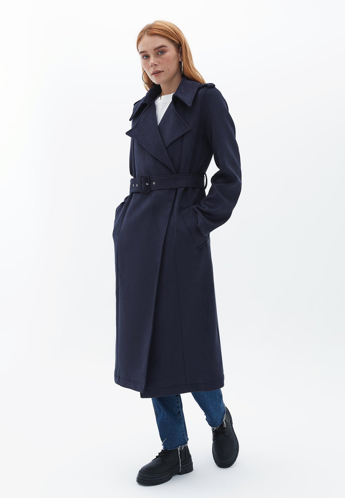 Long Leather Jacket With Belt Detail - MARITIME BLUE