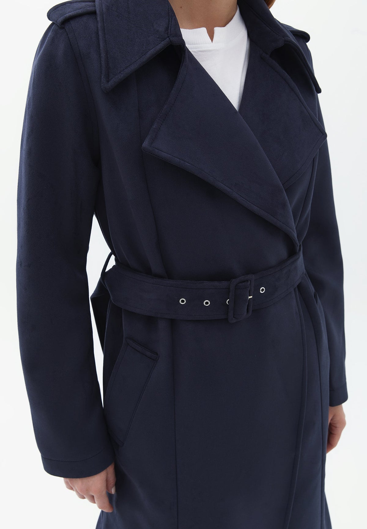 Long Leather Jacket With Belt Detail - MARITIME BLUE