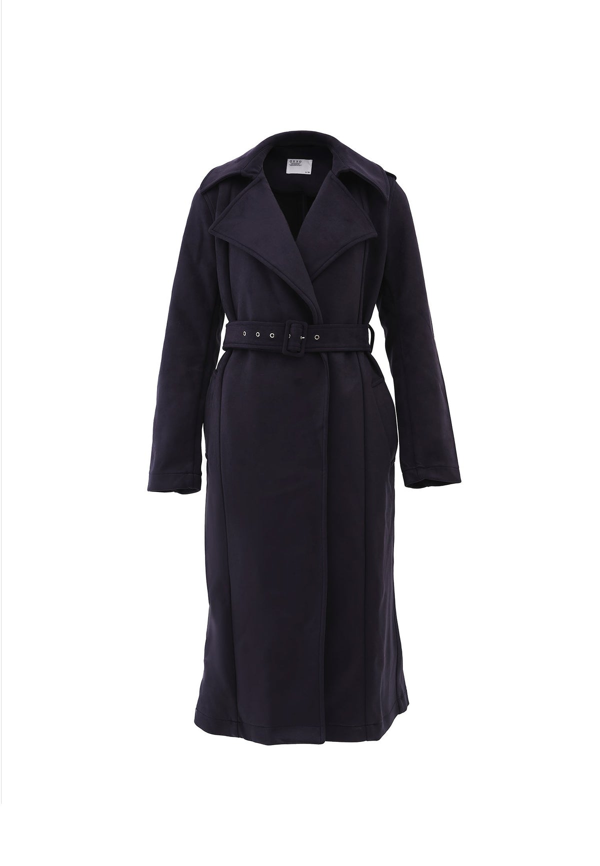 Long Leather Jacket With Belt Detail - MARITIME BLUE