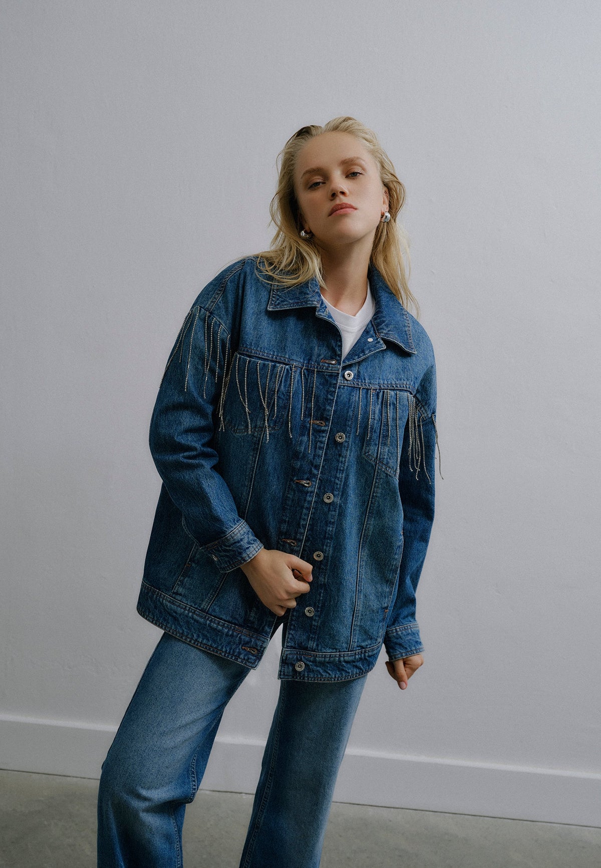 Stone Embellished Oversize Denim Jacket - MID BLUE DENIM