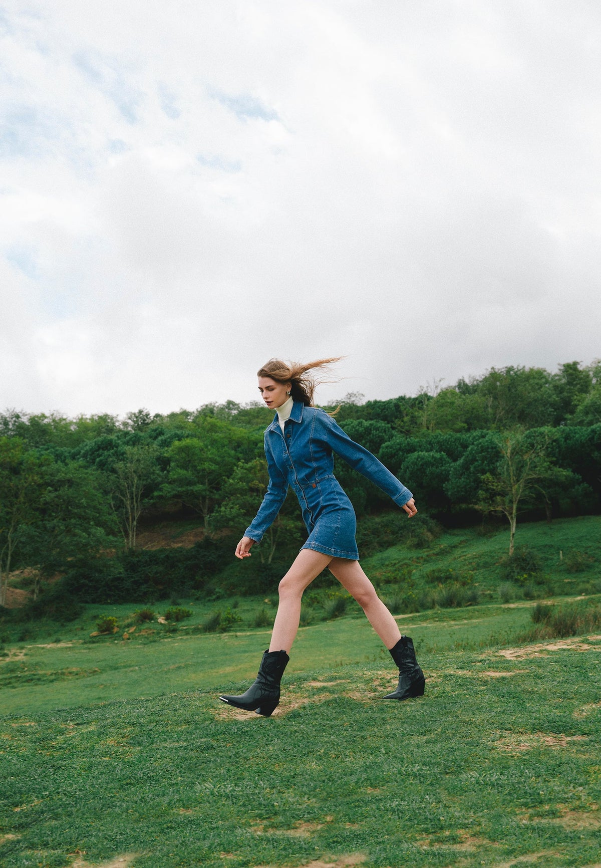Loose Fit Short Jumpsuit Dress - MID BLUE DENIM