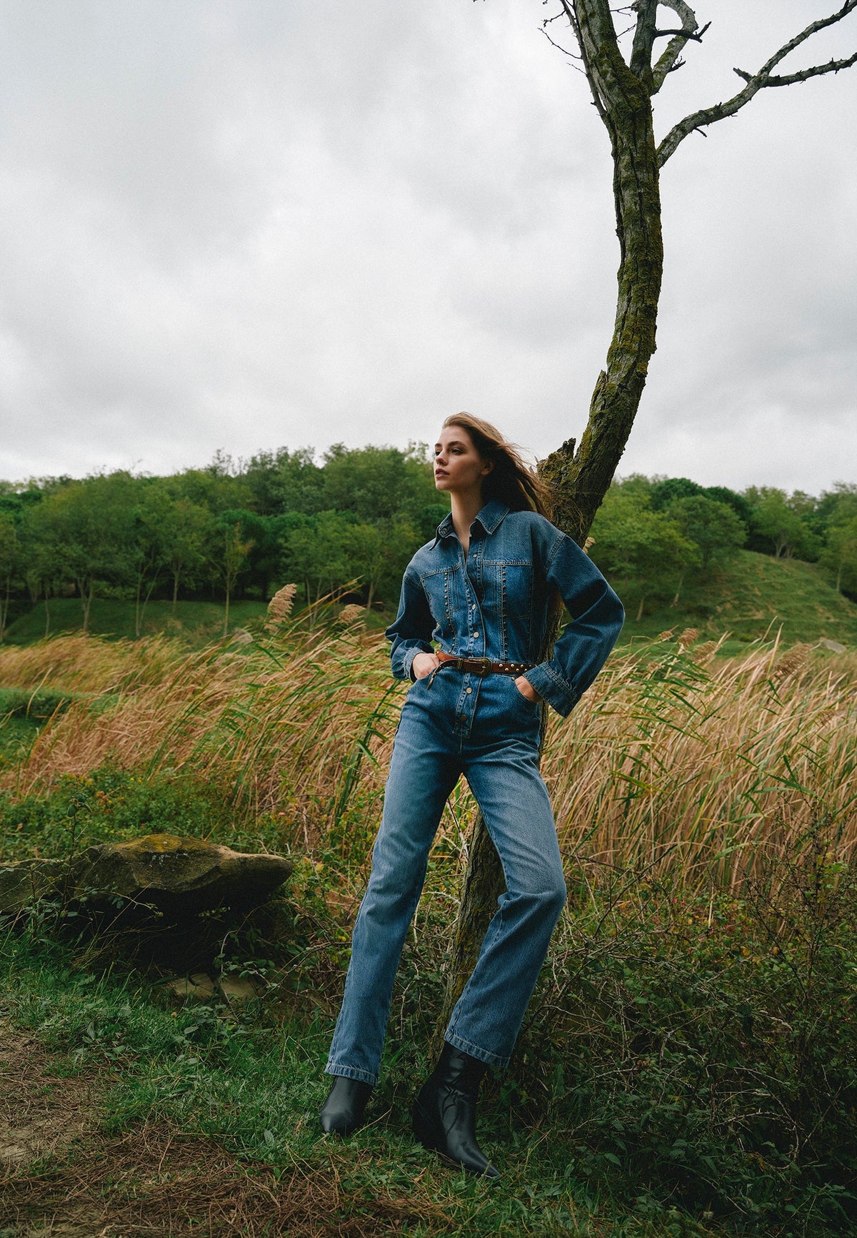 Denim Oversize Long Jumpsuit - MID BLUE DENIM