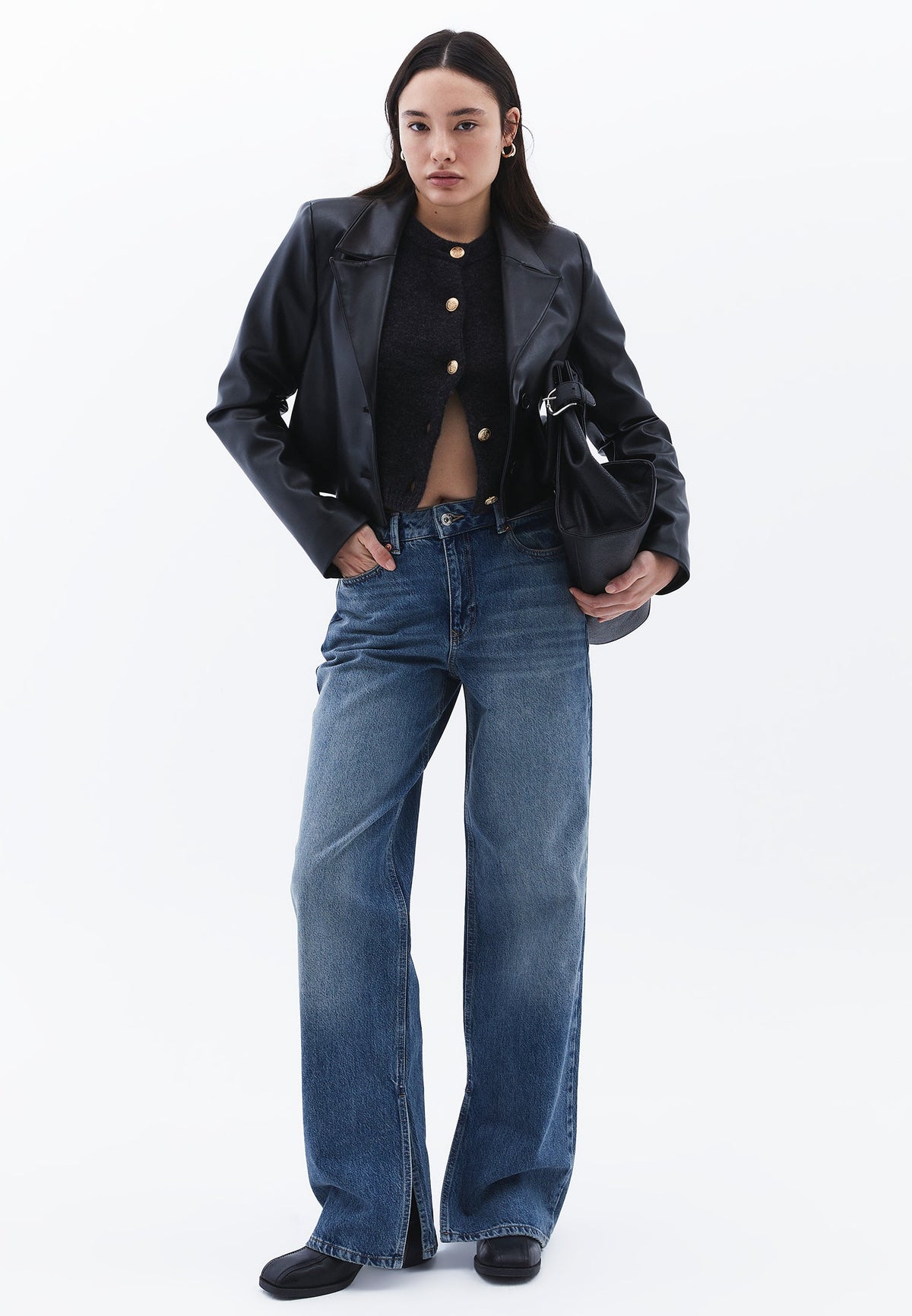 Denim Fabric Straight Leg Pants - MID BLUE DENIM