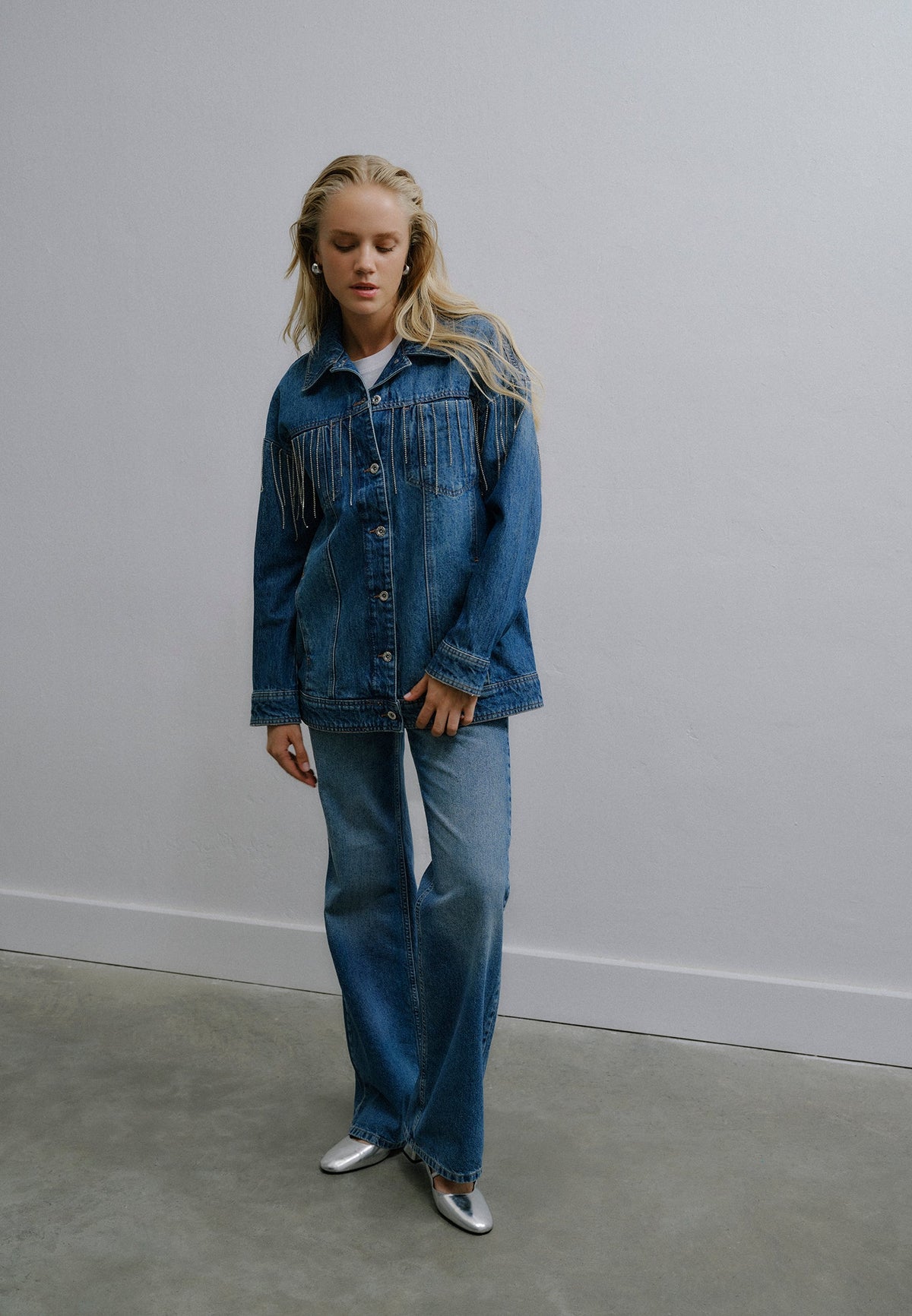 Stone Embellished Oversize Denim Jacket - MID BLUE DENIM