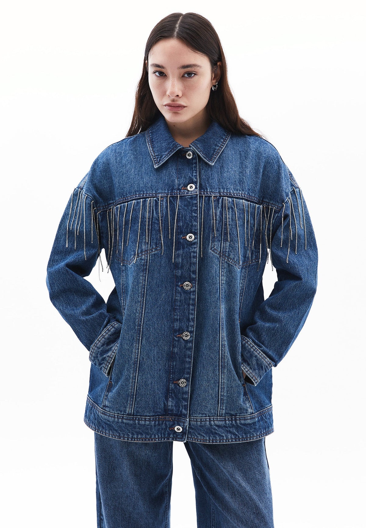 Stone Embellished Oversize Denim Jacket - MID BLUE DENIM