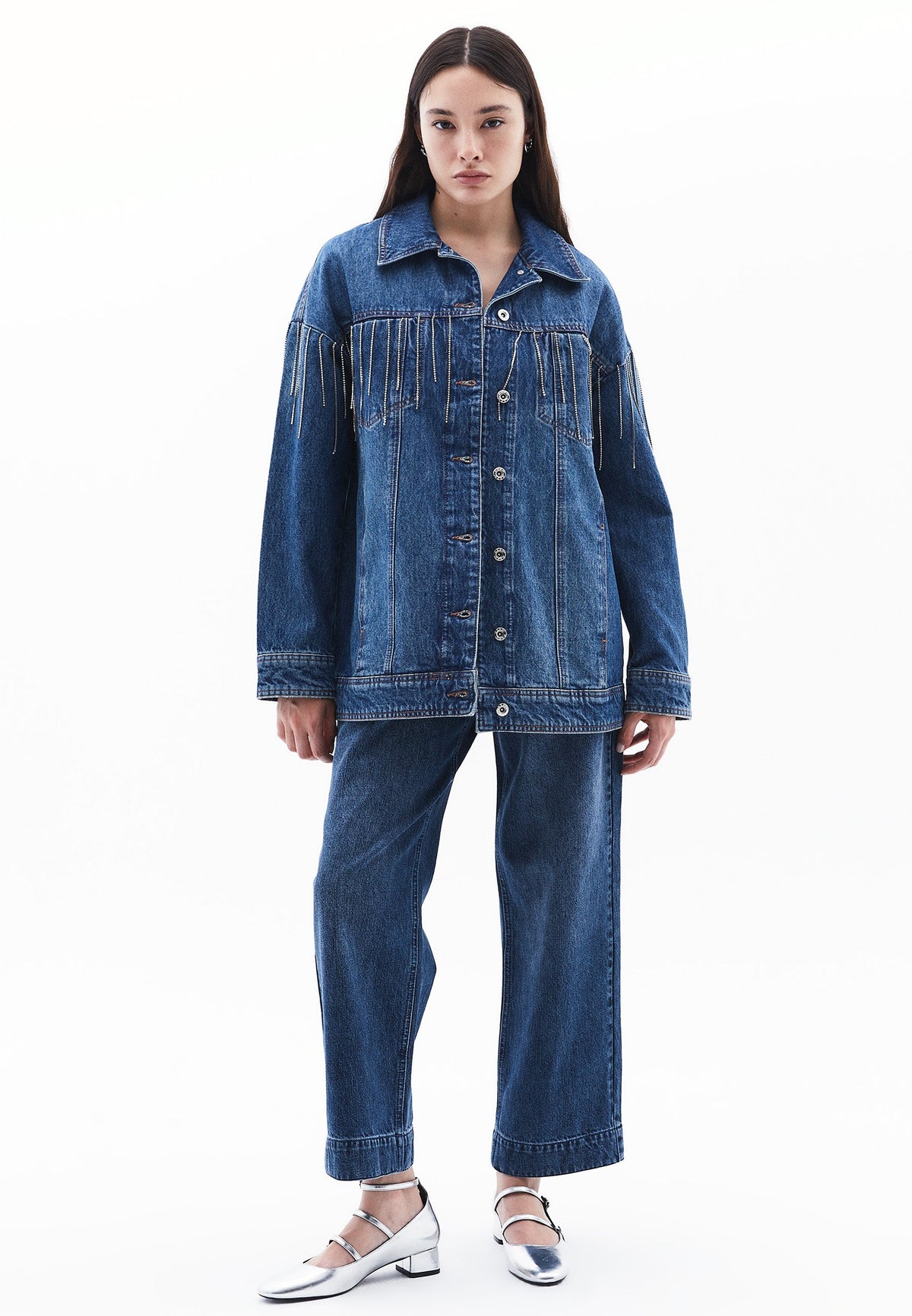 Stone Embellished Oversize Denim Jacket - MID BLUE DENIM