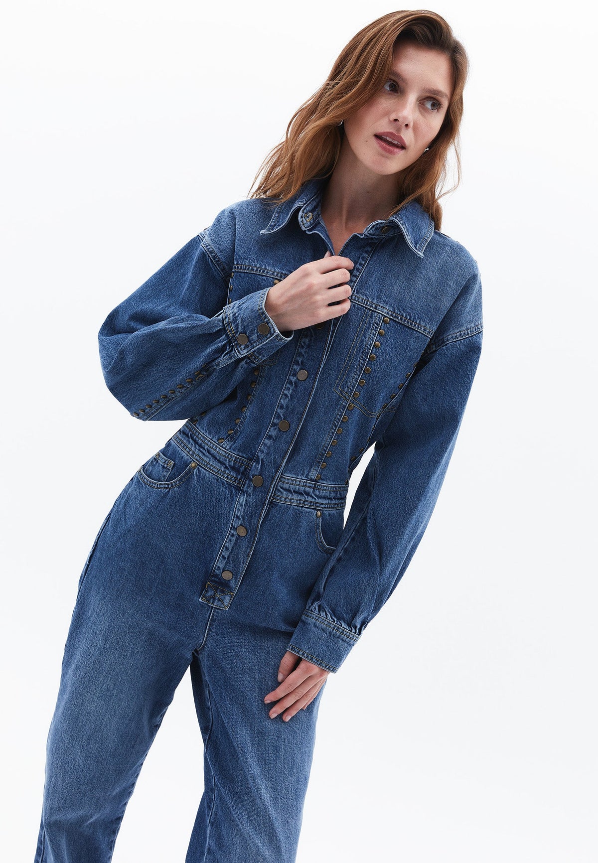 Denim Oversize Long Jumpsuit - MID BLUE DENIM