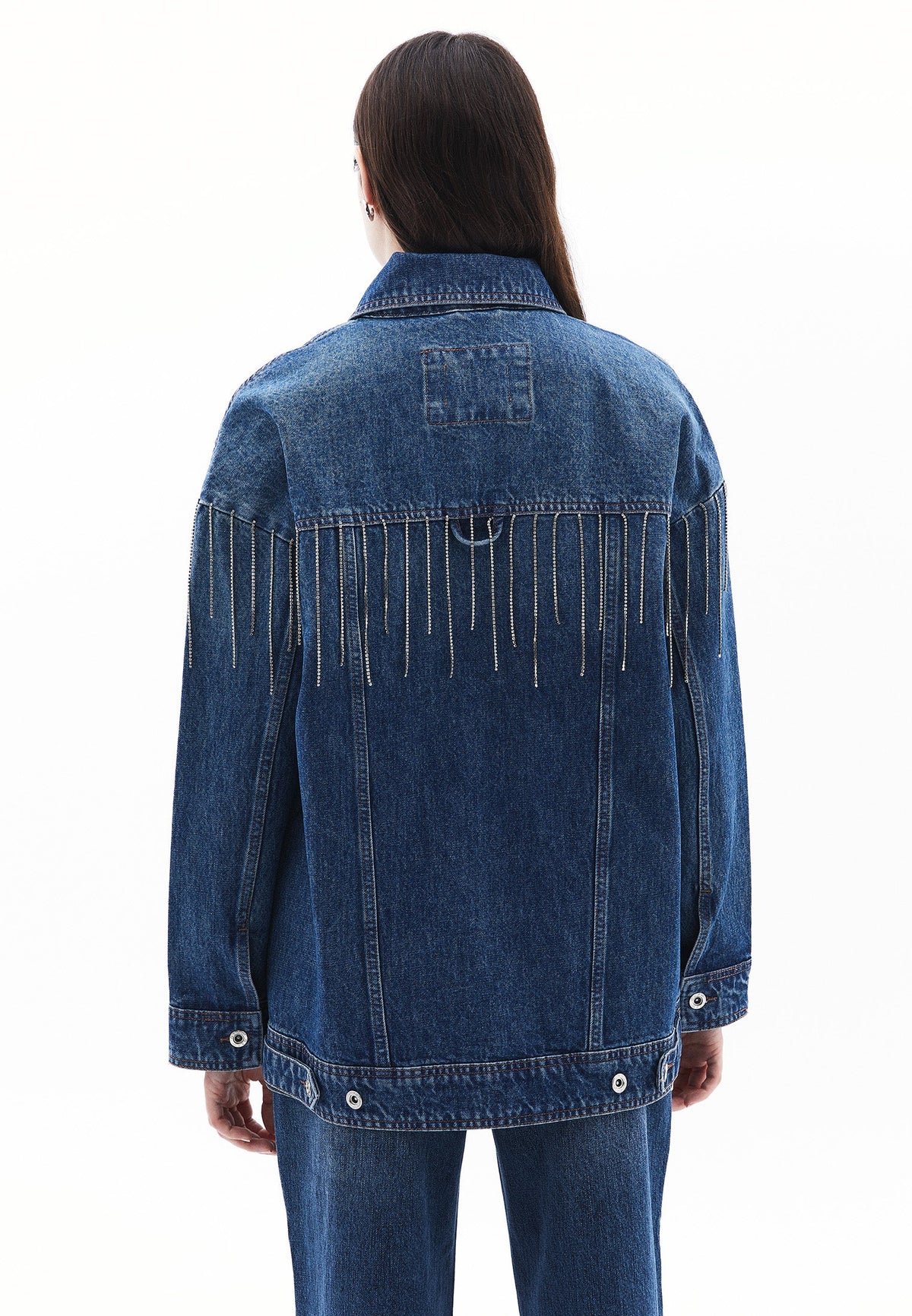 Stone Embellished Oversize Denim Jacket - MID BLUE DENIM