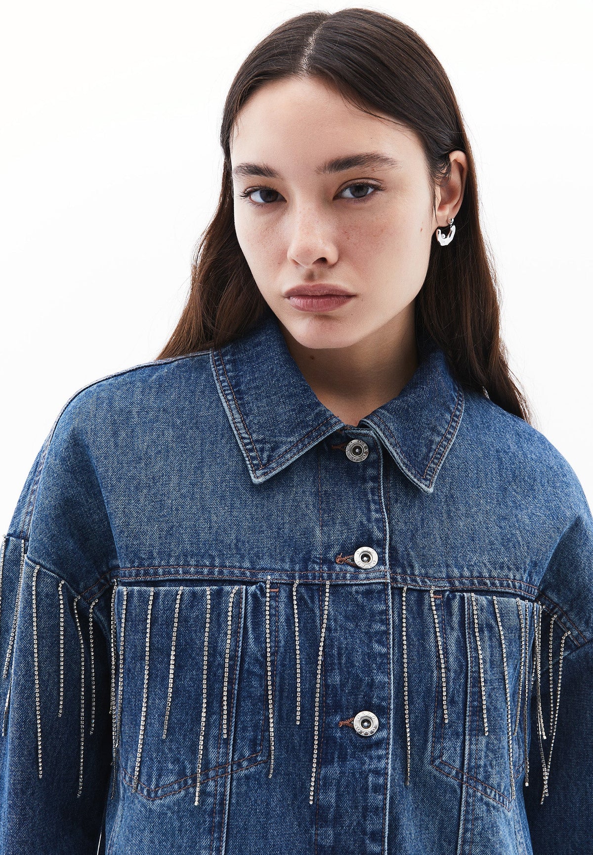 Stone Embellished Oversize Denim Jacket - MID BLUE DENIM