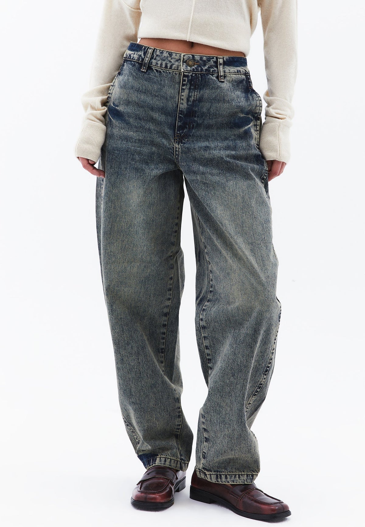 Barrel Leg Denim Pants - MID BROWN DENIM