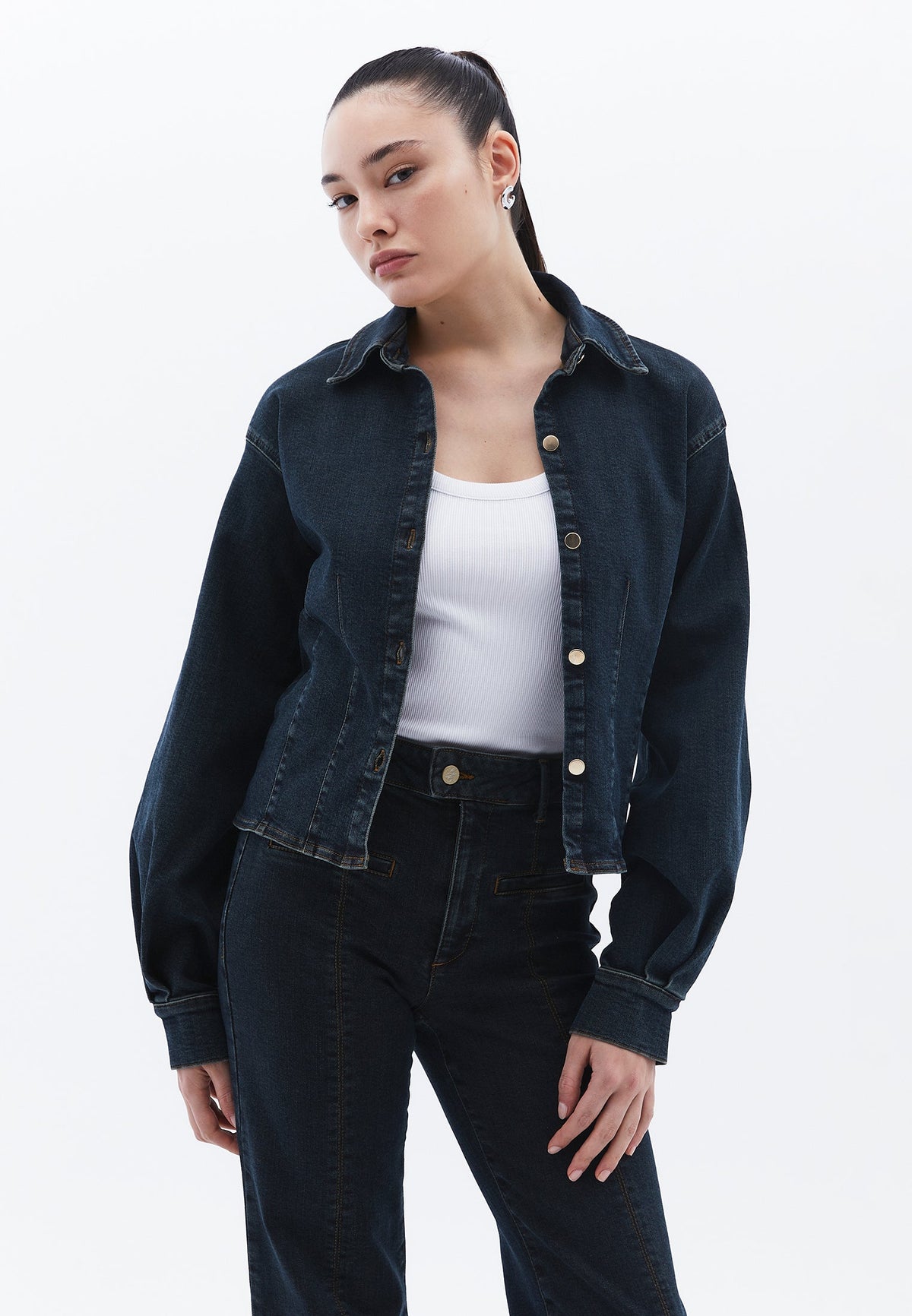 Cropped Long Sleeve Blouse - MID BROWN DENIM