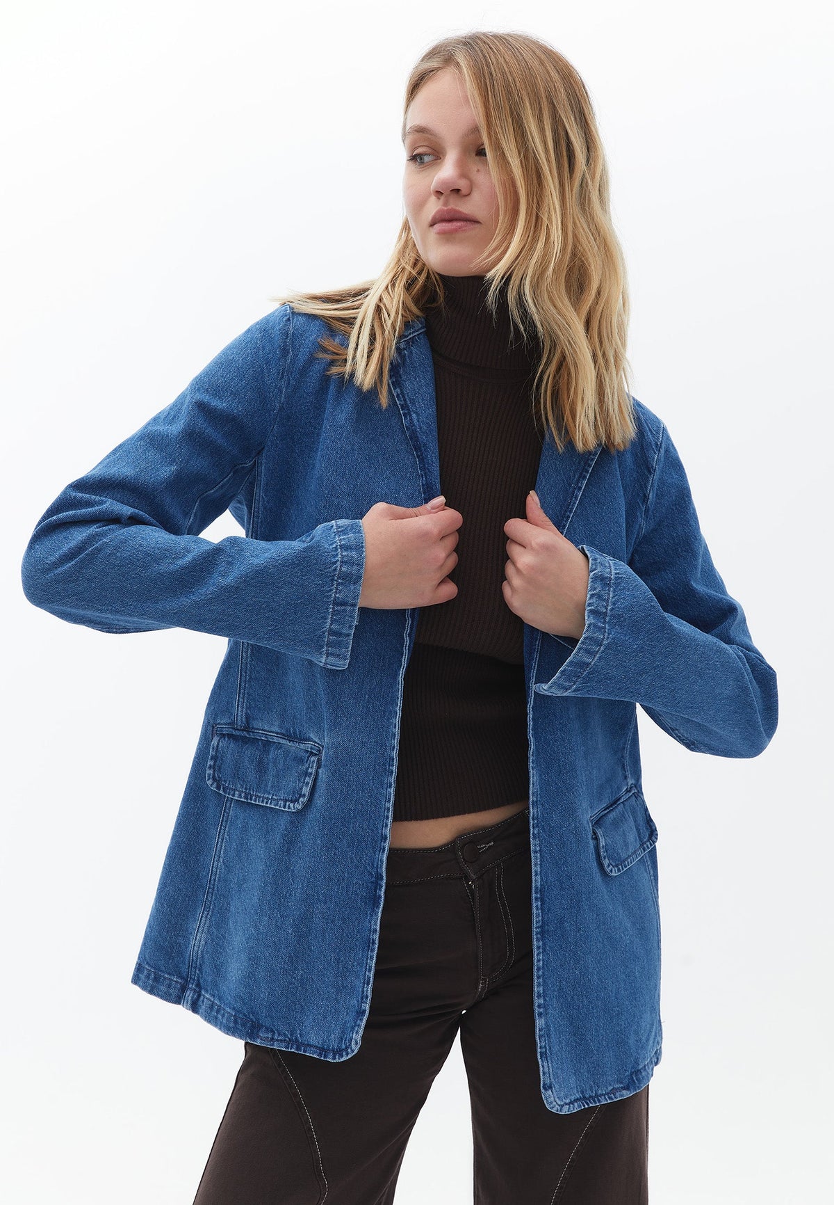 Denim Long Sleeve Pocket Detailed Tunic Jacket - MID DENIM