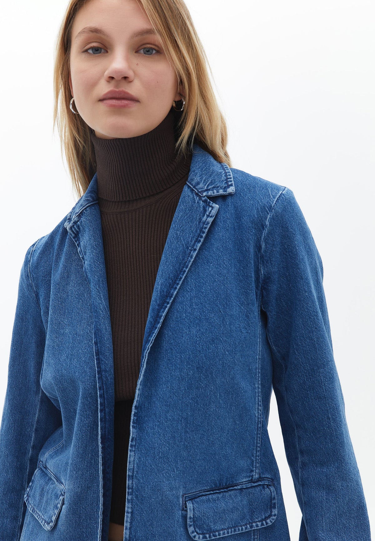 Denim Long Sleeve Pocket Detailed Tunic Jacket - MID DENIM