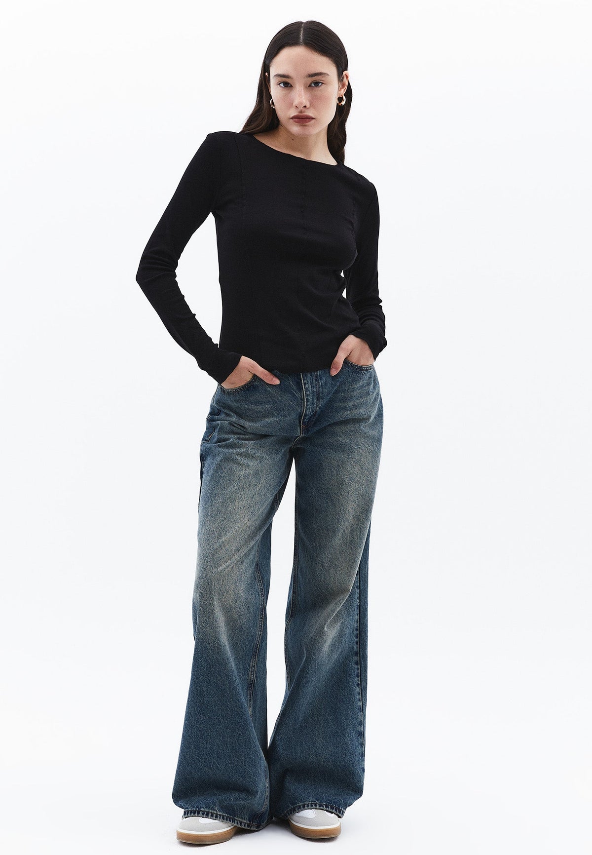Wide Leg High Waist Pants - MID GREEN DENIM