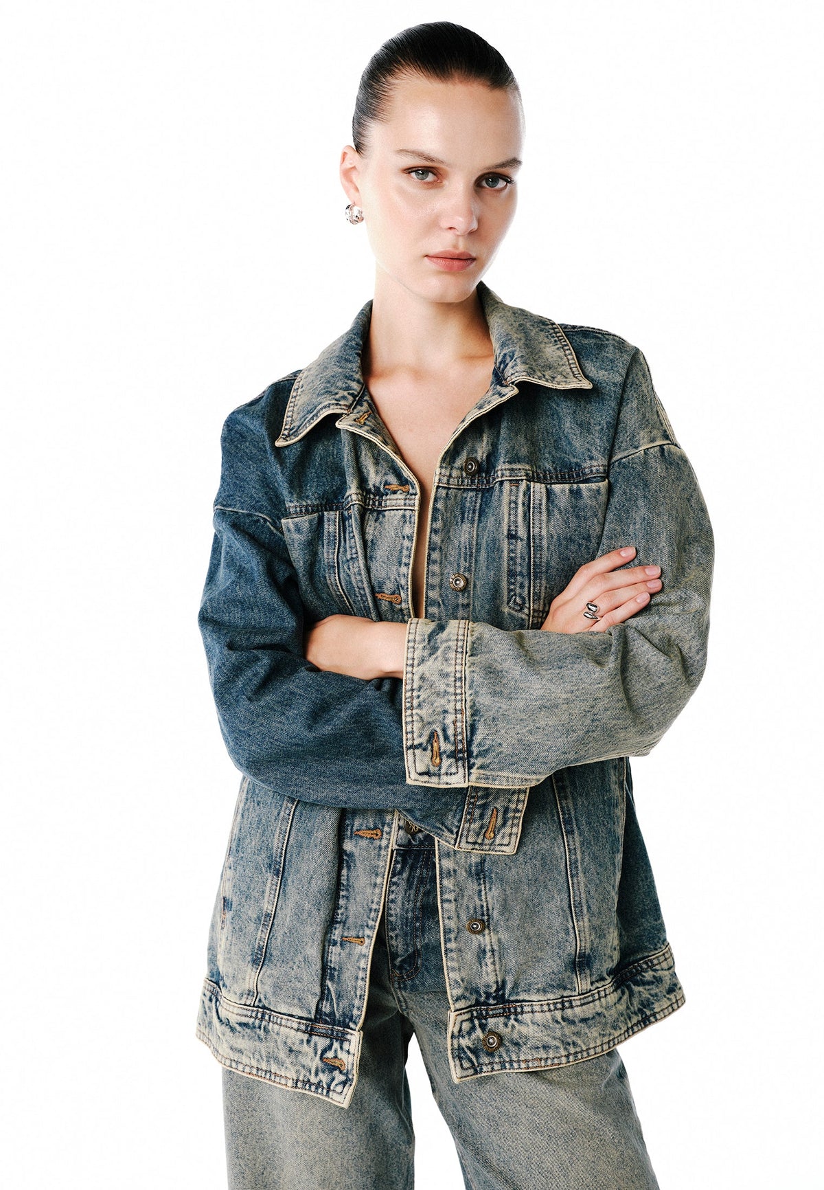 Oversize Tunic Denim Jacket - MID SAND DENIM