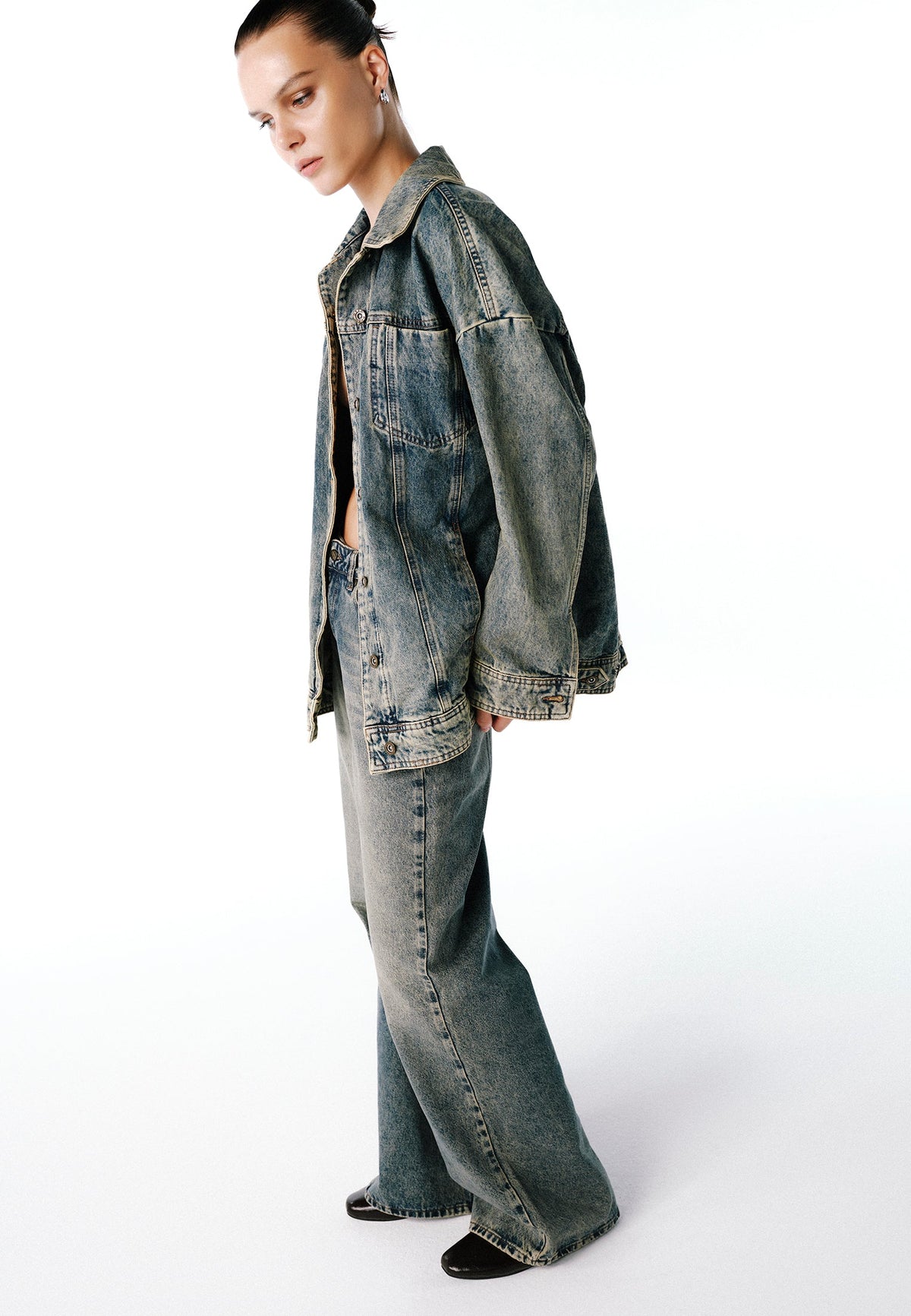 Oversize Tunic Denim Jacket - MID SAND DENIM