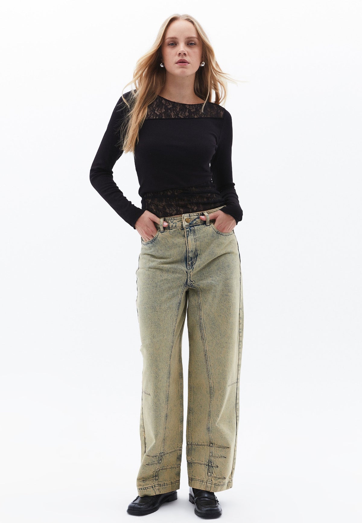 Baggy Pants With Cut-Out Details - MID SAND DENIM