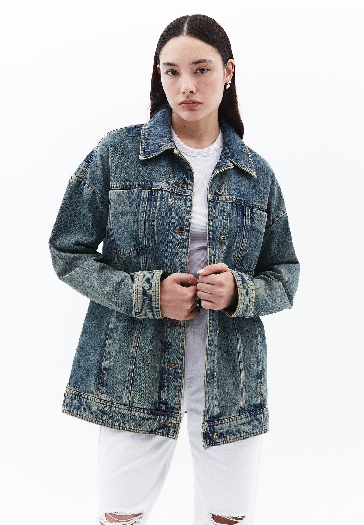 Oversize Tunic Denim Jacket - MID SAND DENIM