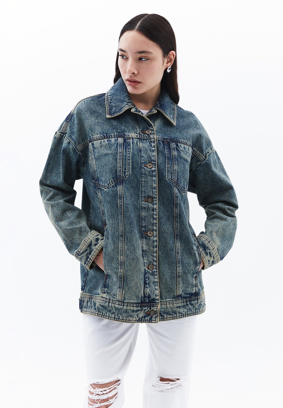 Oversize Tunic Denim Jacket - MID SAND DENIM