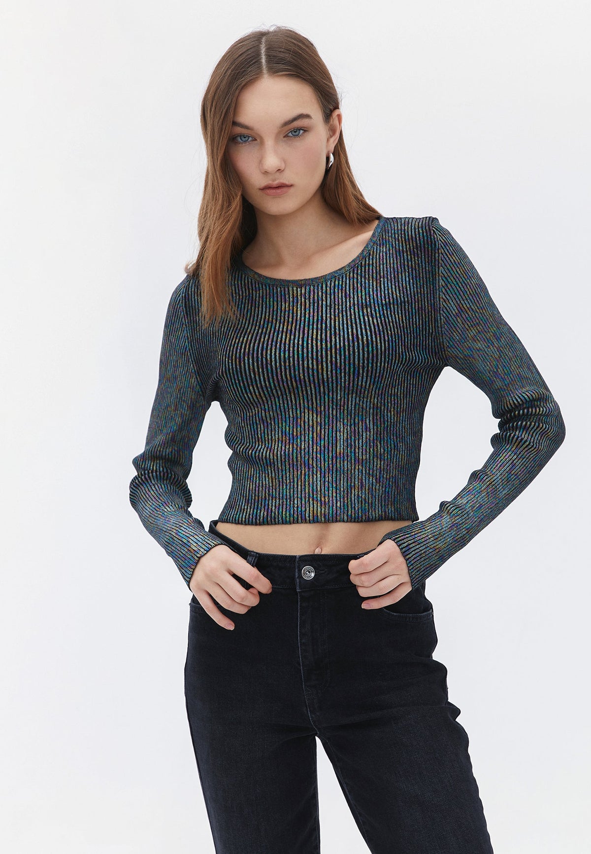 Crew Neck Raglan Sleeve Cropped Sweater - MIX COLOR
