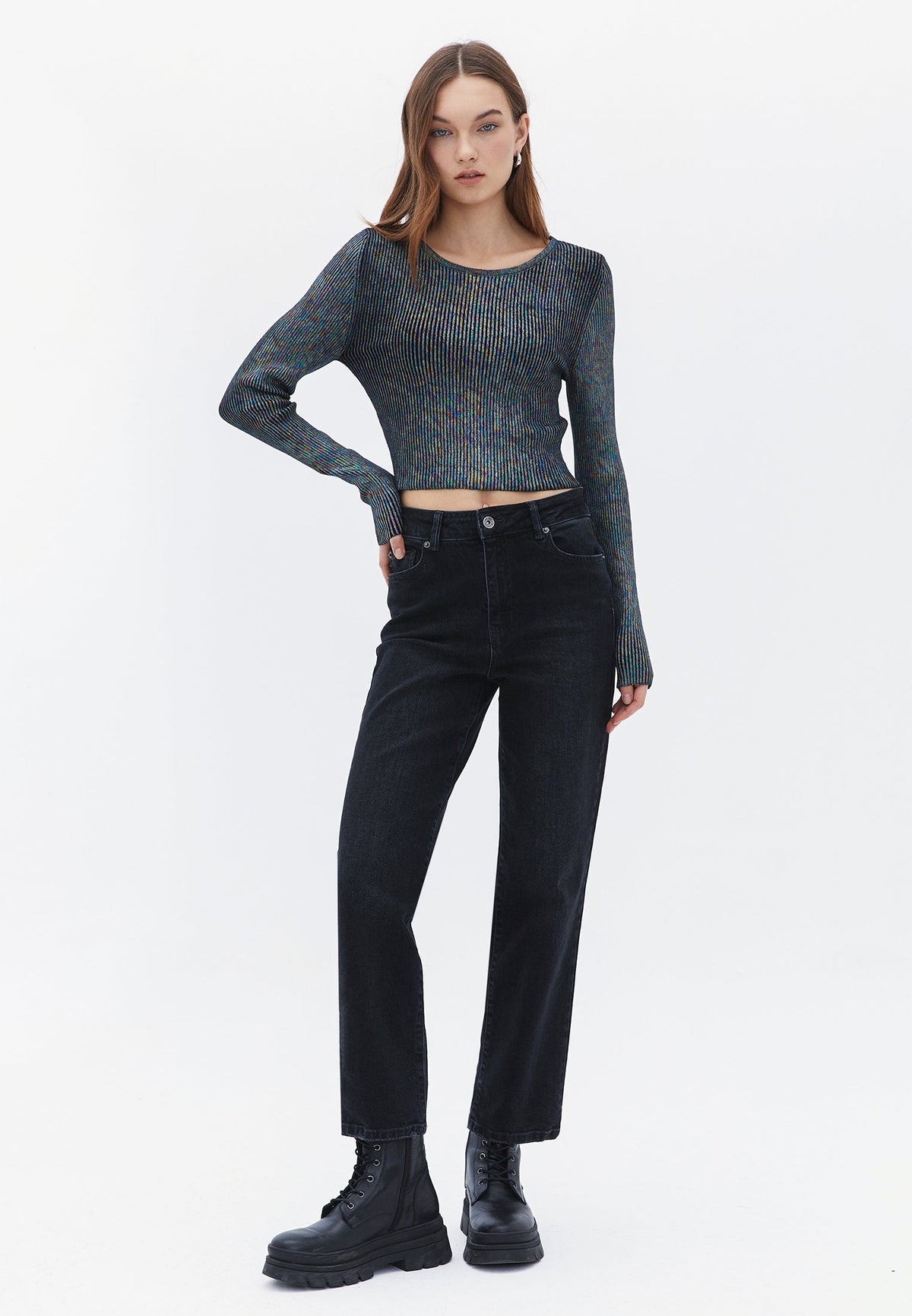 Crew Neck Raglan Sleeve Cropped Sweater - MIX COLOR