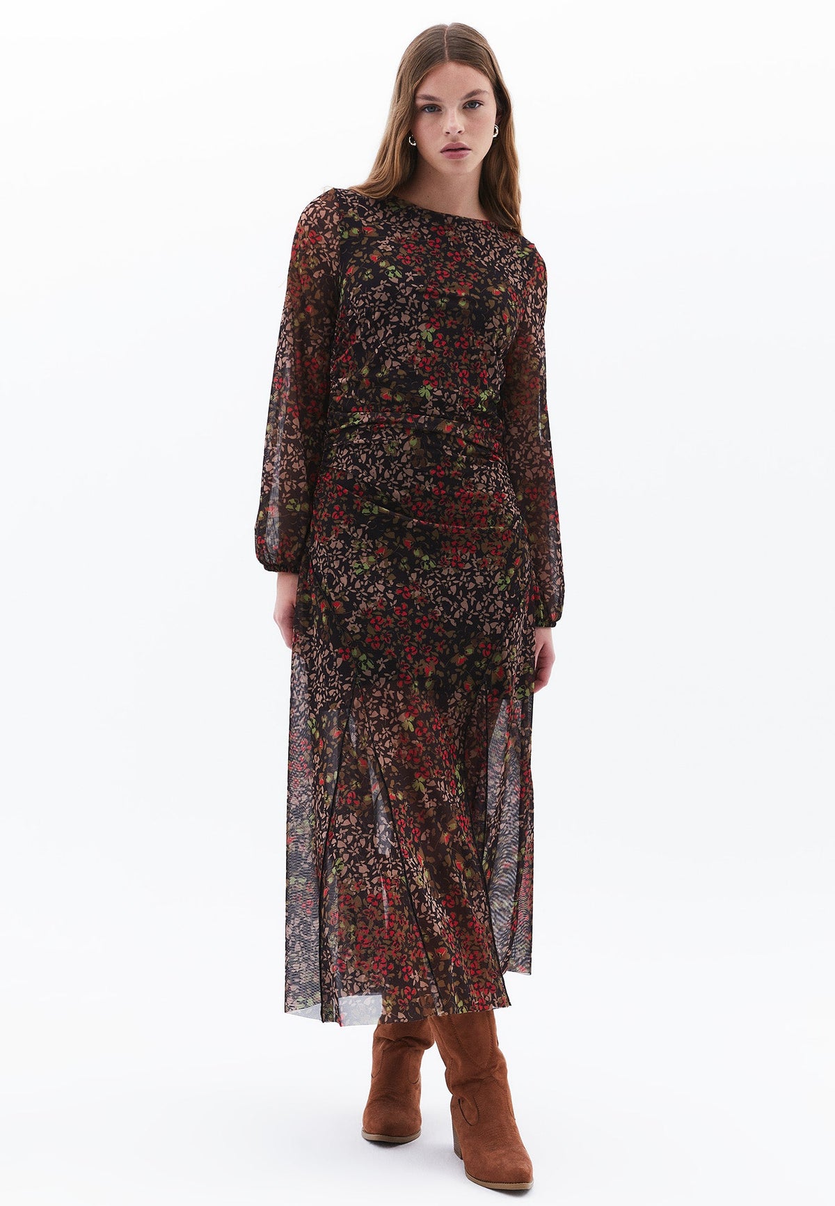 Long A-Line Crew Neck Dress - MIX COMB