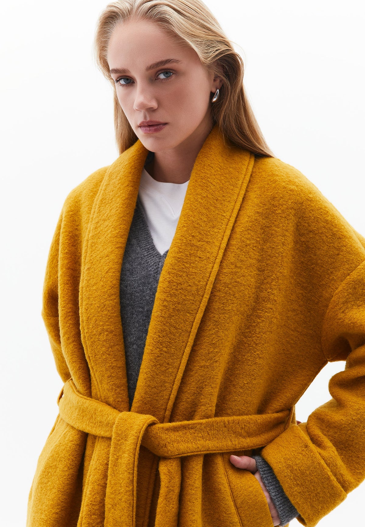 Long Coat With Shawl Collar And Belt Detail - NARCISSUS