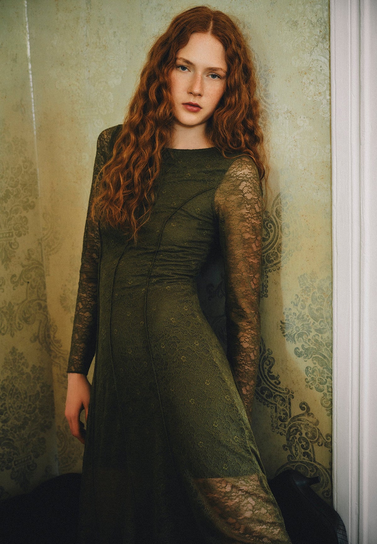A-Line Long Crew Neck Cut-Out Detailed Dress - OLIVE NIGHT