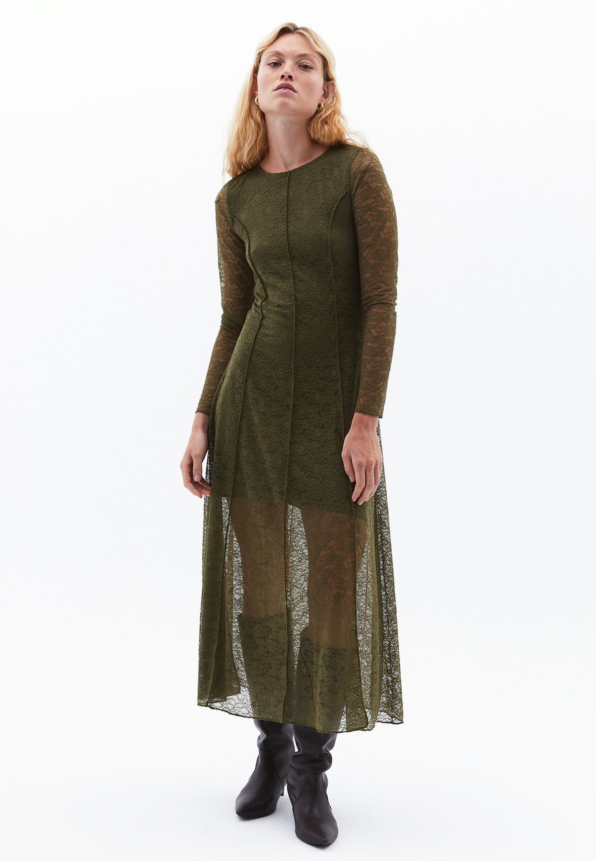 A-Line Long Crew Neck Cut-Out Detailed Dress - OLIVE NIGHT