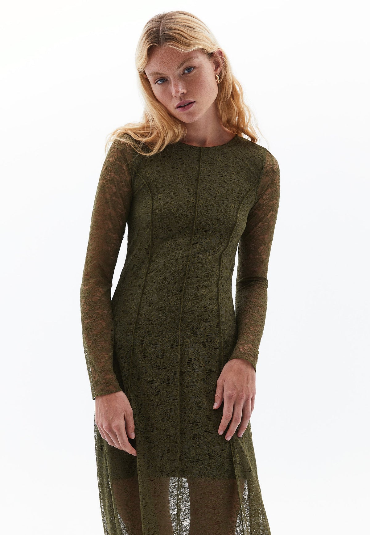 A-Line Long Crew Neck Cut-Out Detailed Dress - OLIVE NIGHT