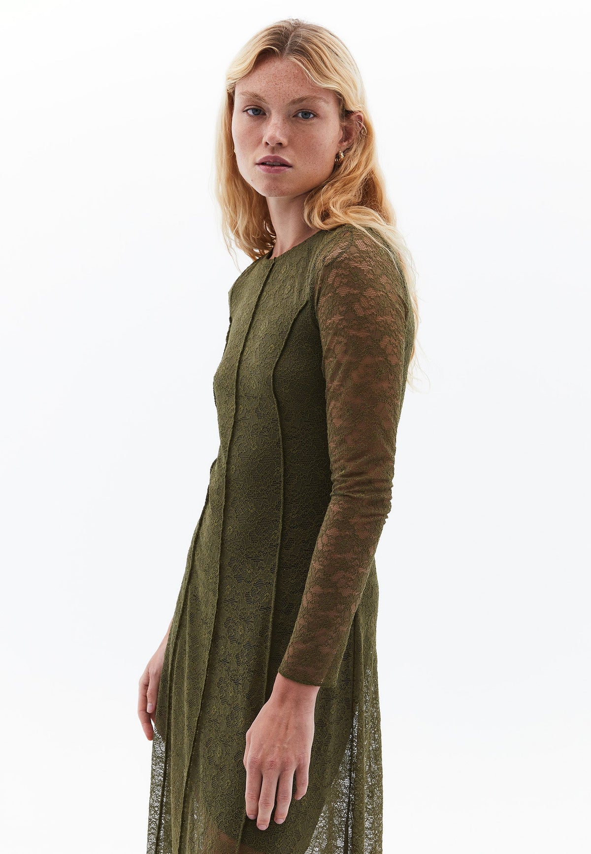 A-Line Long Crew Neck Cut-Out Detailed Dress - OLIVE NIGHT
