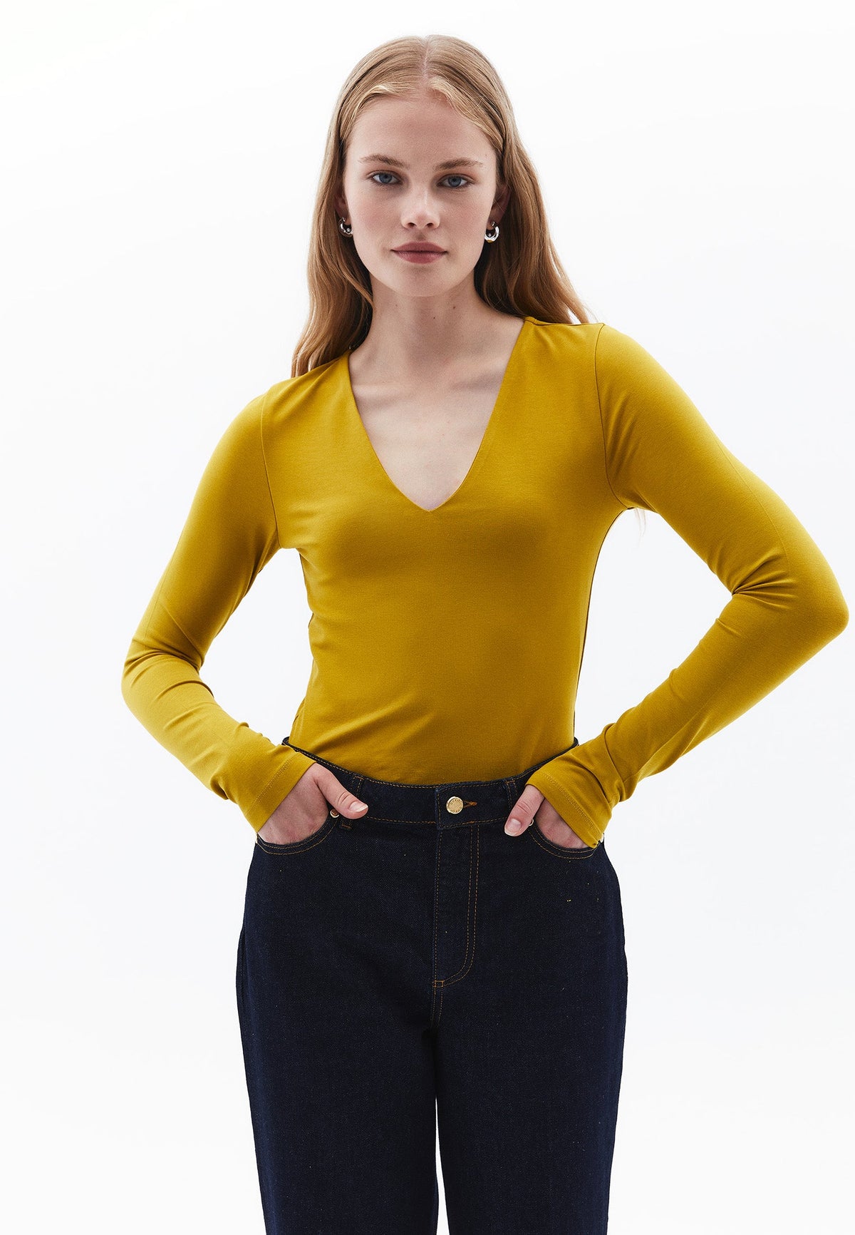 V Neck Long Sleeve T-Shirt - OLIVE OIL