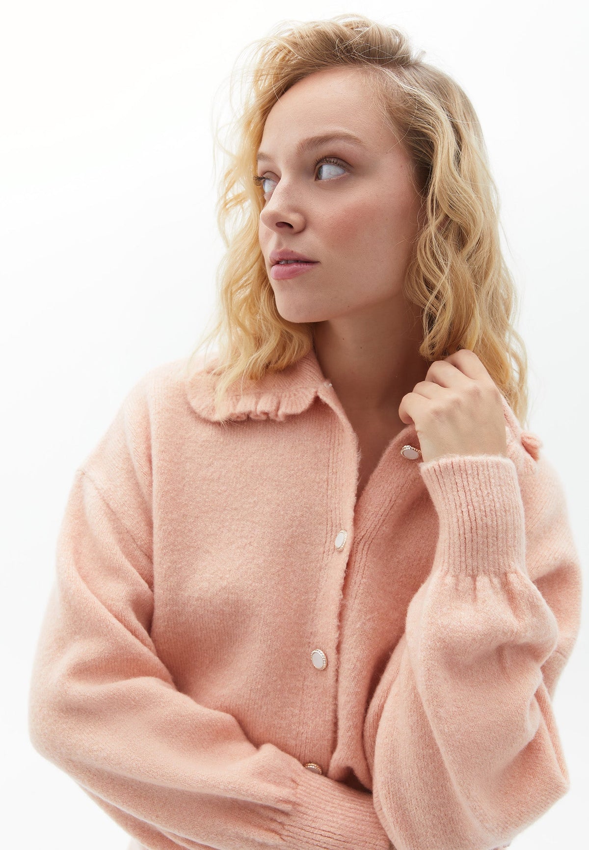 Polo Collar Long Sleeve Cardigan - PEACHY KEEN