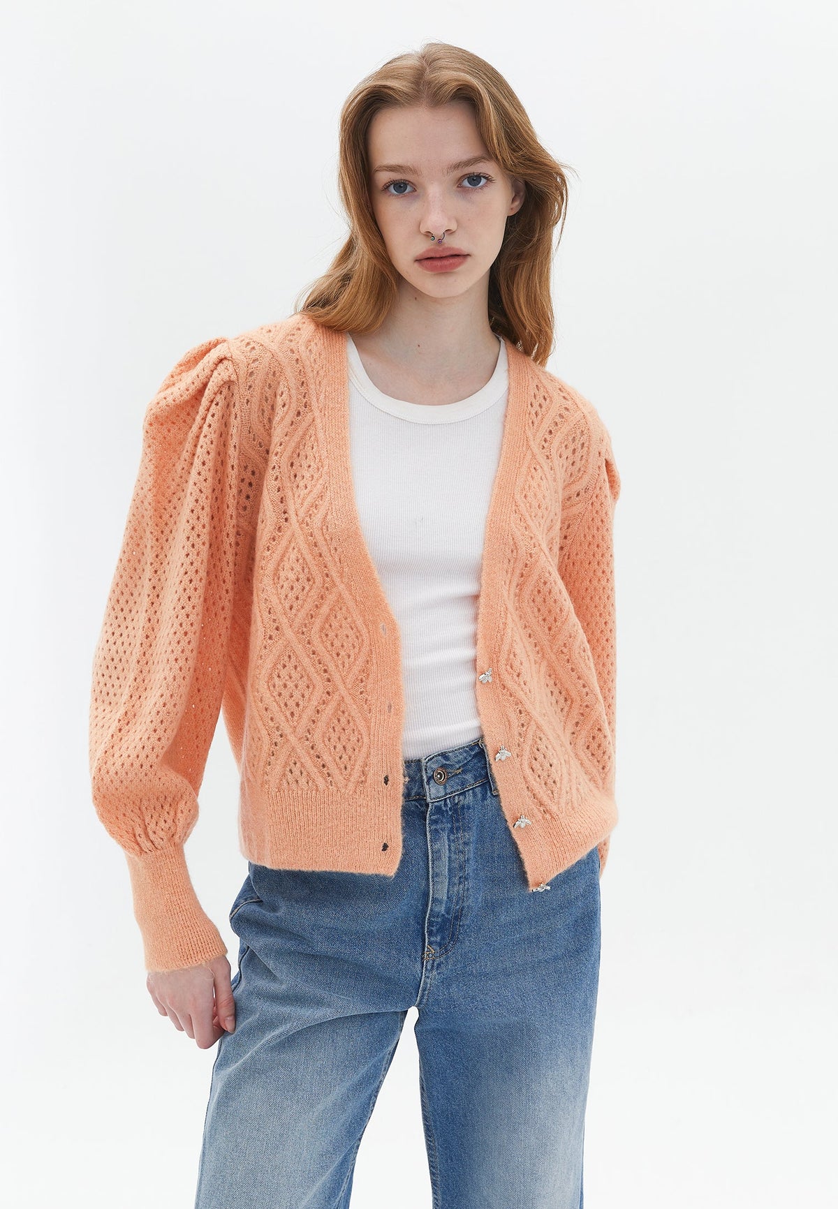 Women's Cardigan, Balloon Sleeve Cardigan, Deep V-Neck, Long Sleeve Cardigan, Knit Cardigan - PEACH NOUGAT