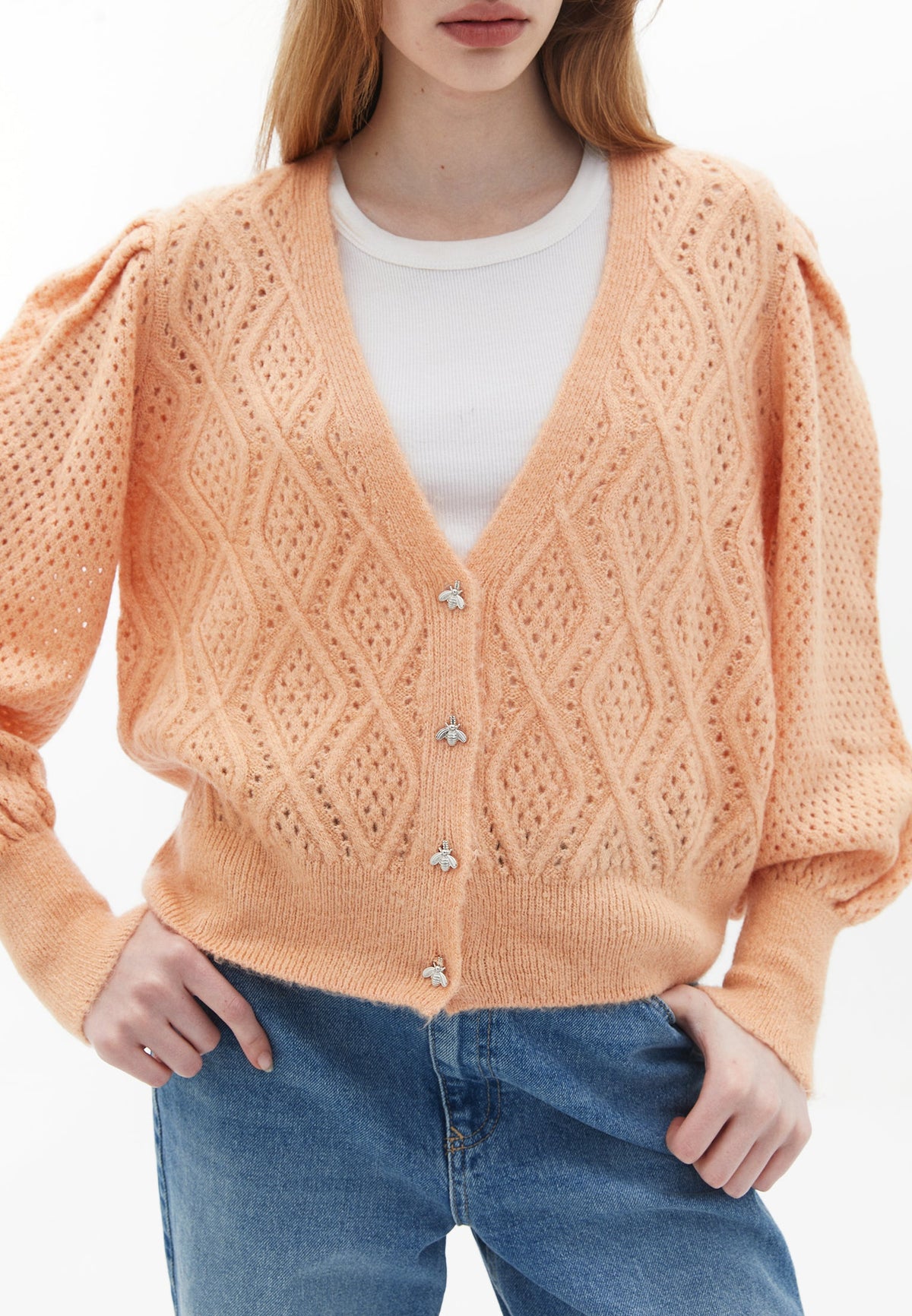 Women's Cardigan, Balloon Sleeve Cardigan, Deep V-Neck, Long Sleeve Cardigan, Knit Cardigan - PEACH NOUGAT