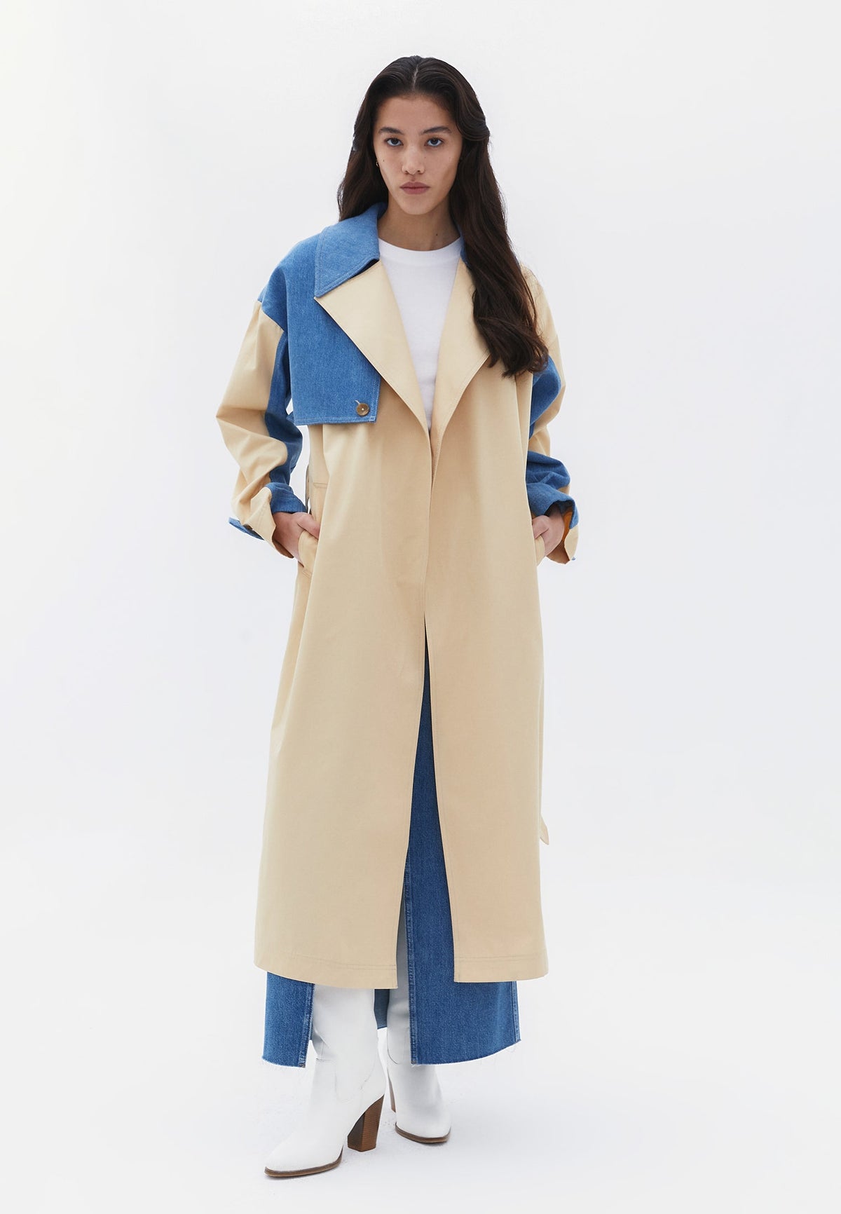 Double Breasted Long Cotton Trenchcoat - PEBBLE