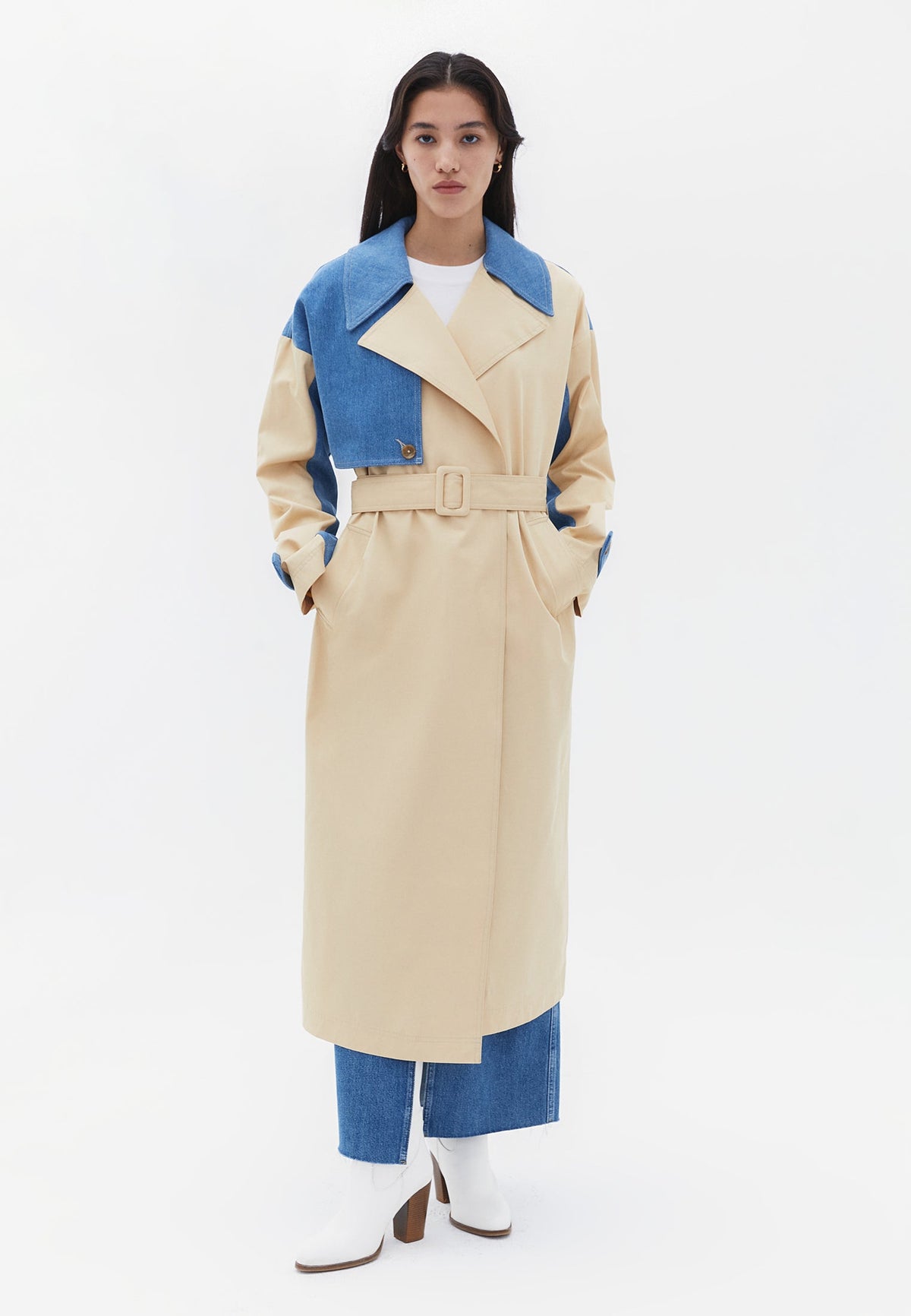 Double Breasted Long Cotton Trenchcoat - PEBBLE