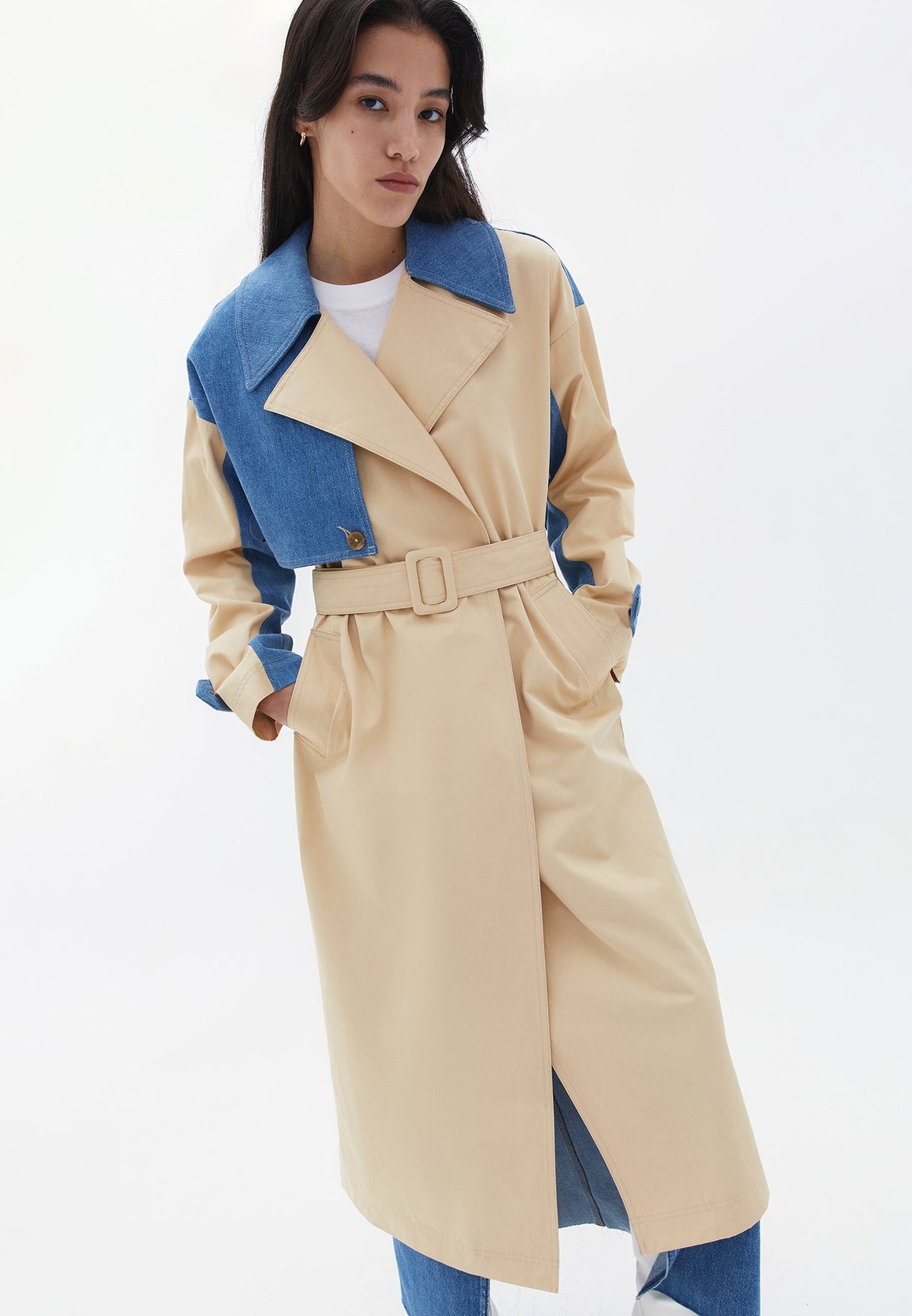 Double Breasted Long Cotton Trenchcoat - PEBBLE
