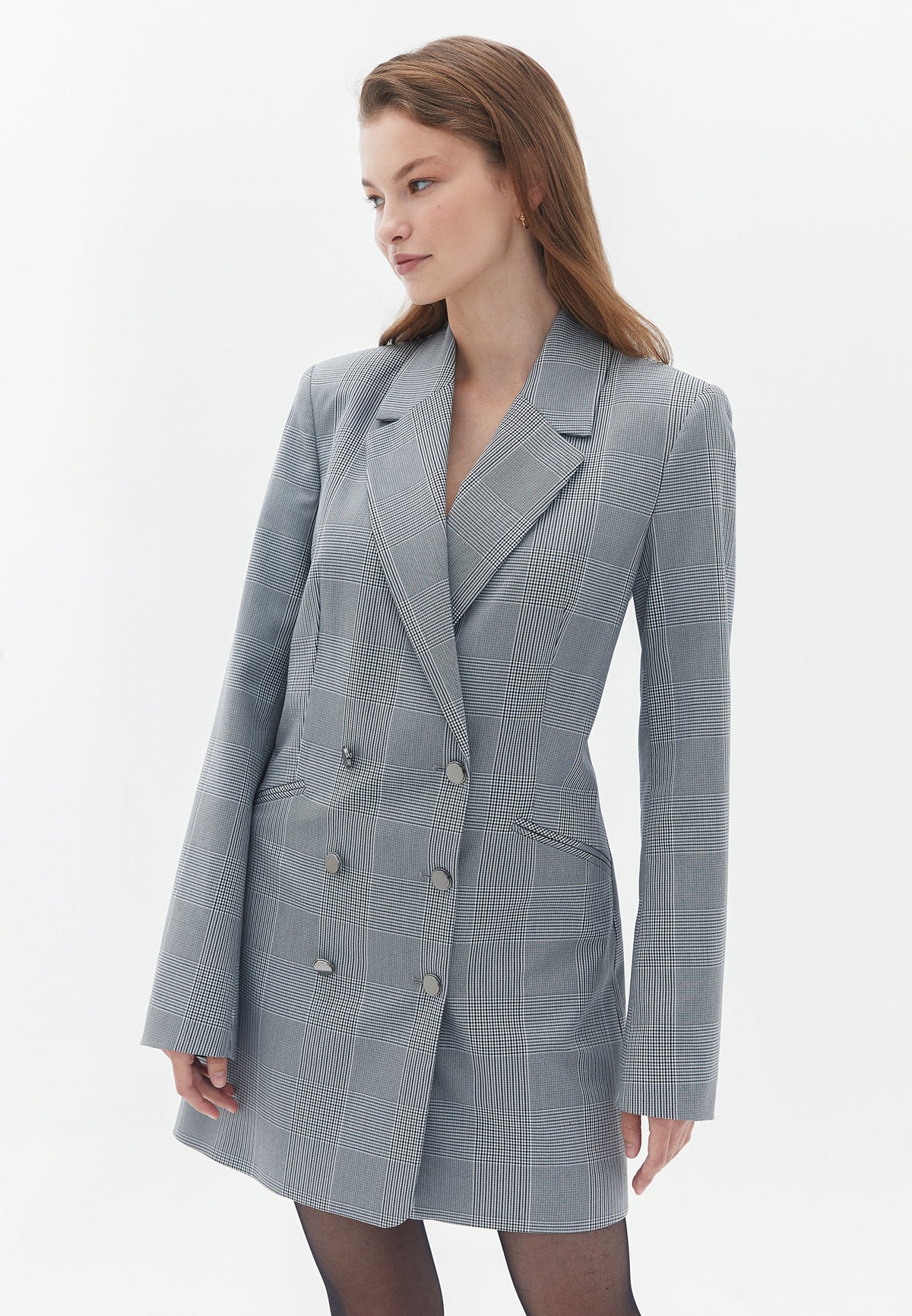 Short Jacket With Button Details - PEWTER CHECK