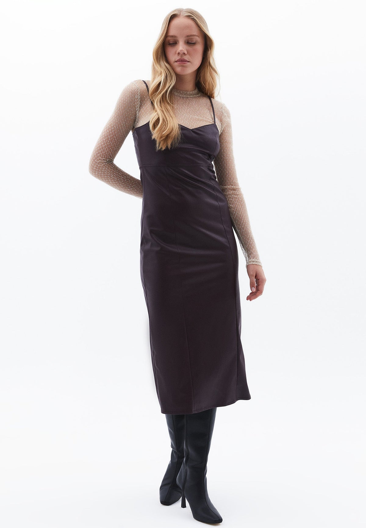 Deep V Neck Midi Sleeve Plain Dress - POTENT PURPLE